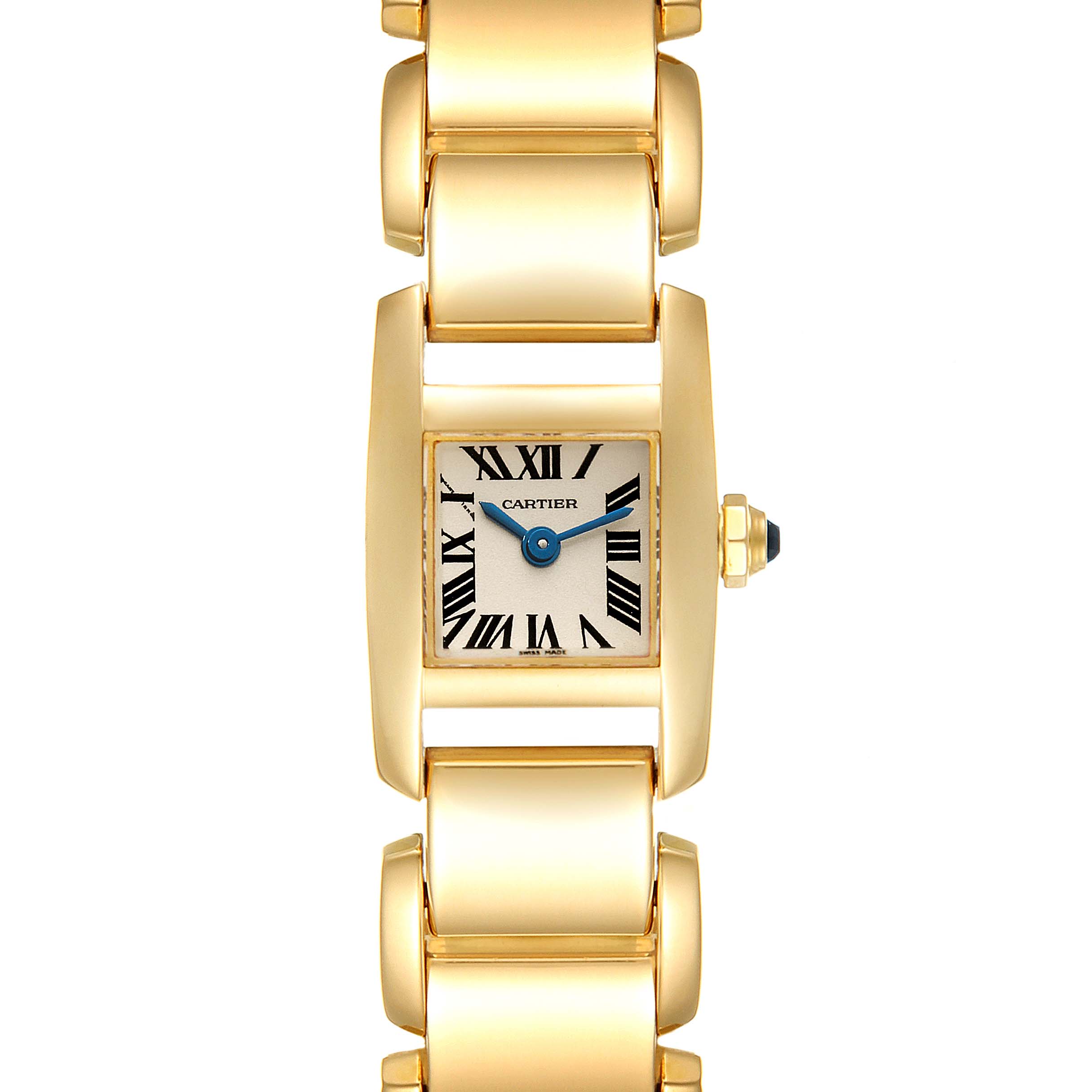 The image shows a top-down view of the Cartier Tankissime W650048H Women's Yellow Gold Silver Dial W650048H Women's Yellow Gold Silver Dial watch, displaying its rectangular face, gold case, and bracelet.
