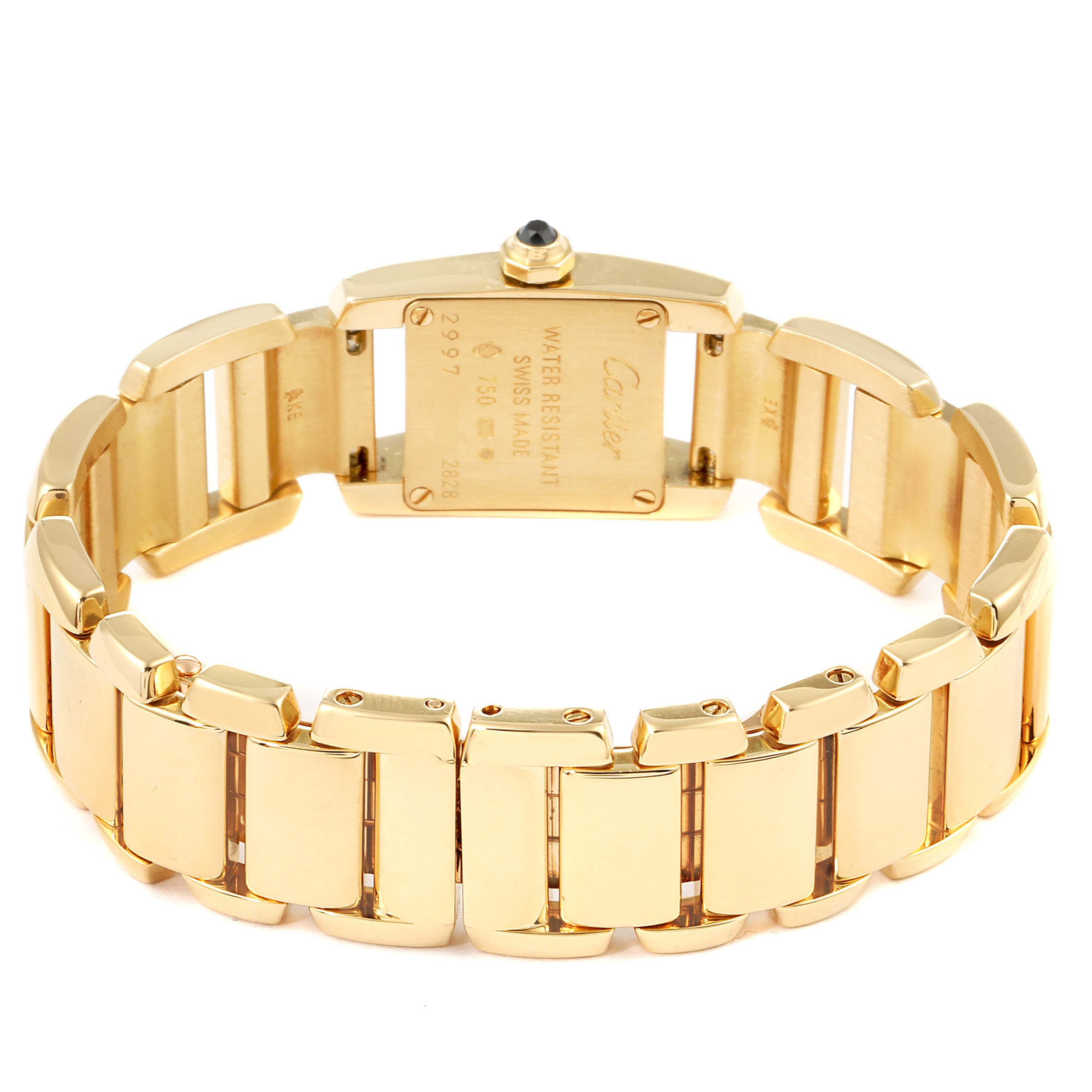 The image shows the back and bracelet of a Cartier Tankissime W650048H Women's Yellow Gold Silver Dial W650048H Women's Yellow Gold Silver Dial watch in gold.