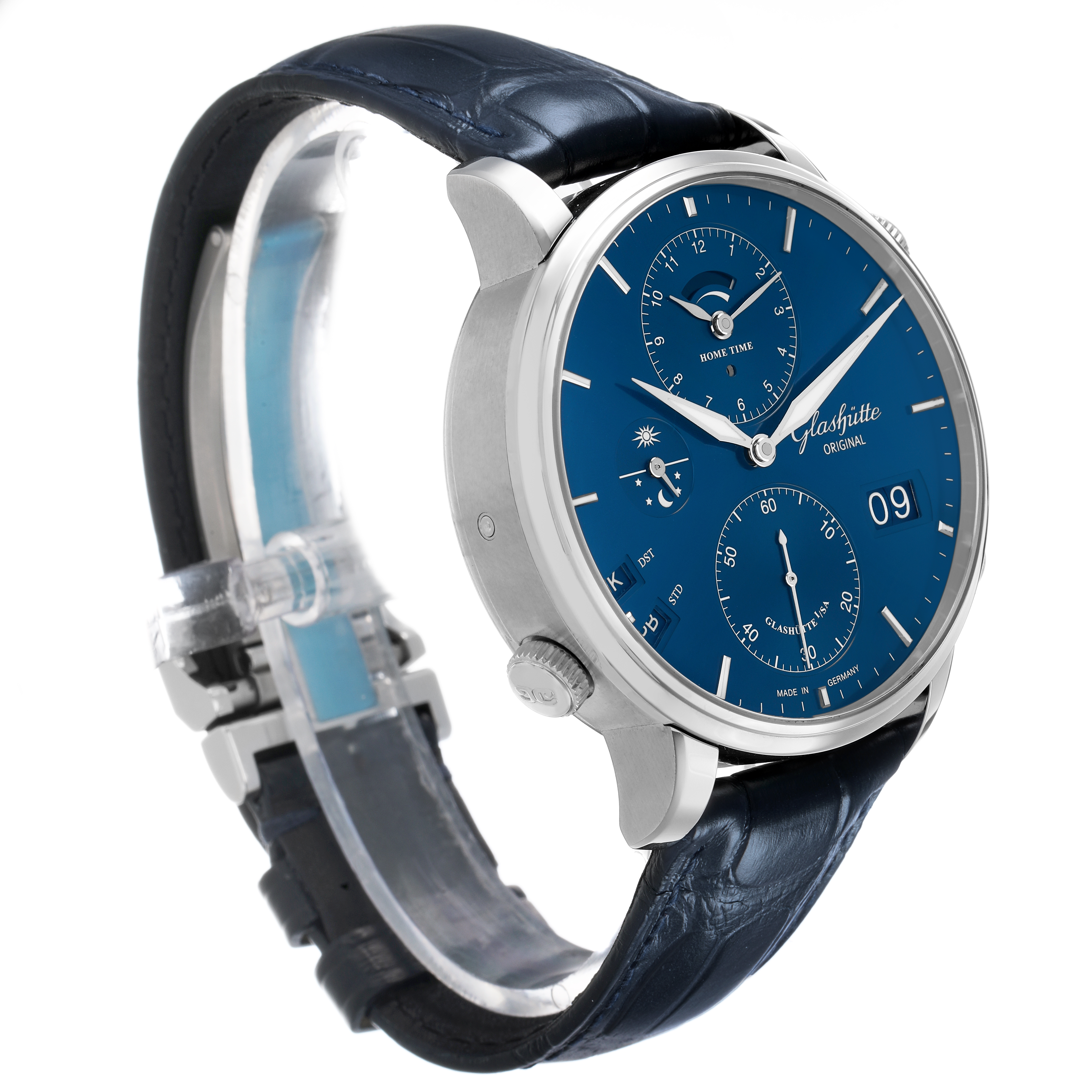 The Glashütte Original watch is shown at a side angle, highlighting the blue dial, subdials, crown, and leather strap.