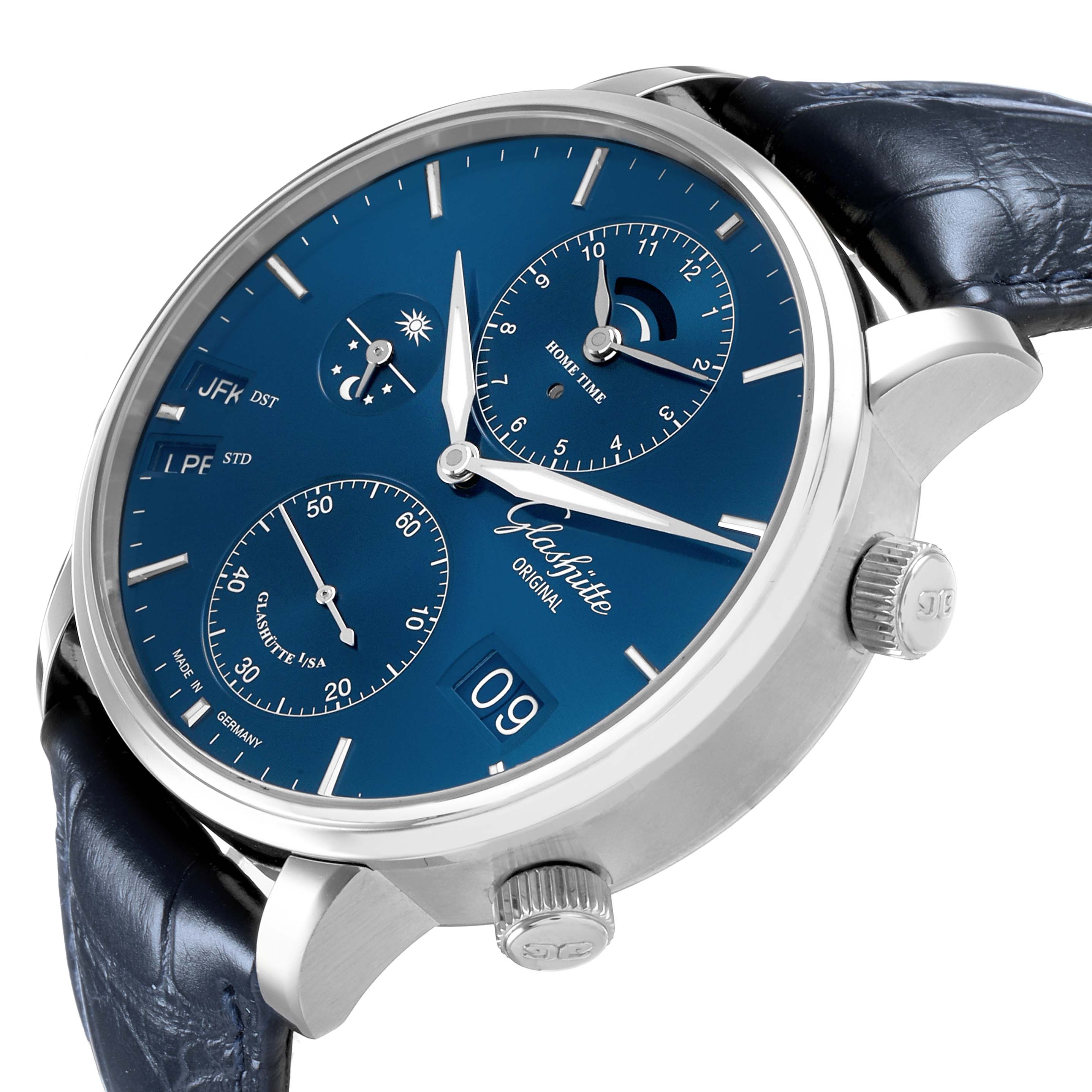 The Glashütte Original watch is shown at an angle highlighting the blue dial, crown, and subdials.