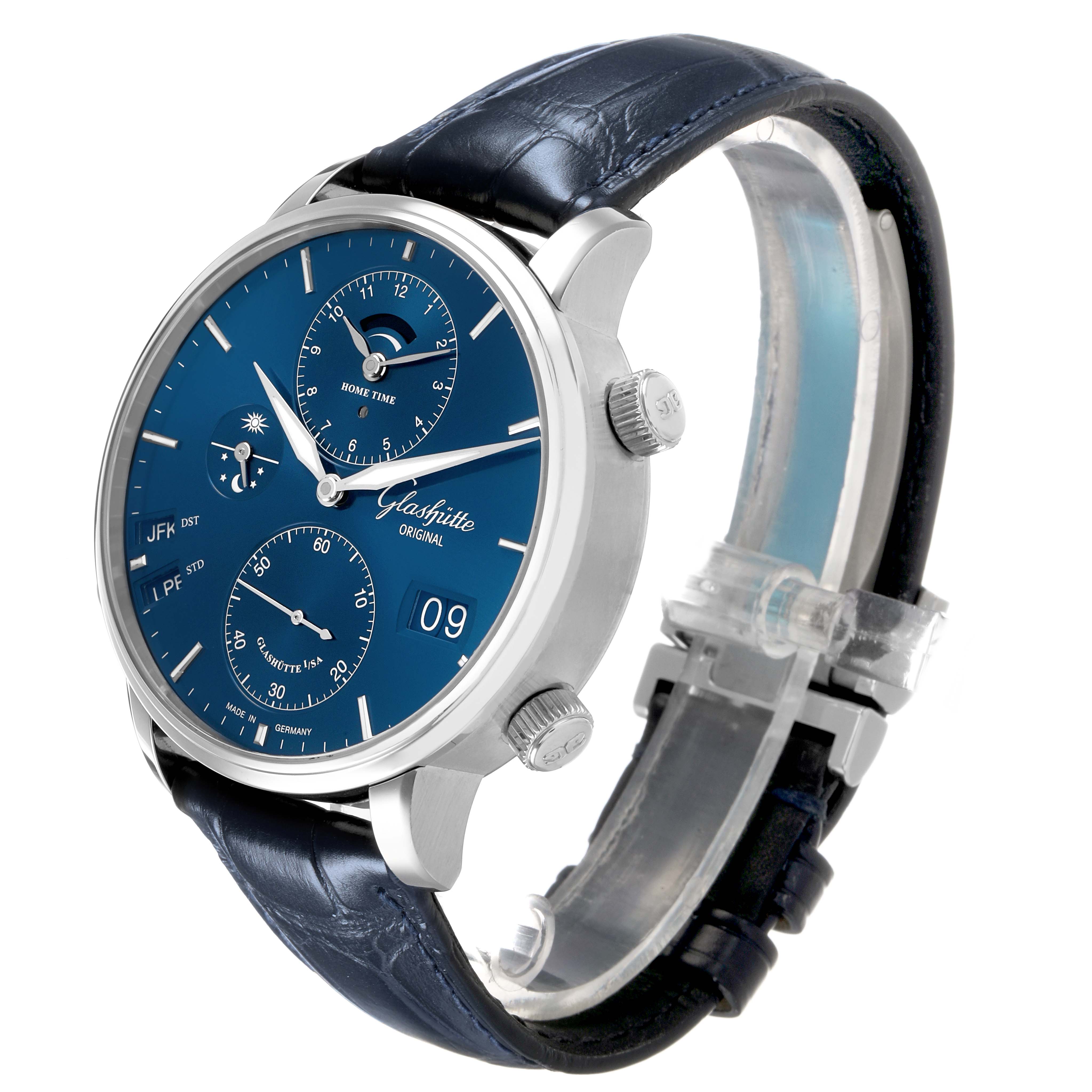 The Glashütte Original watch is shown from a three-quarter angle displaying the face, crown, and leather strap.