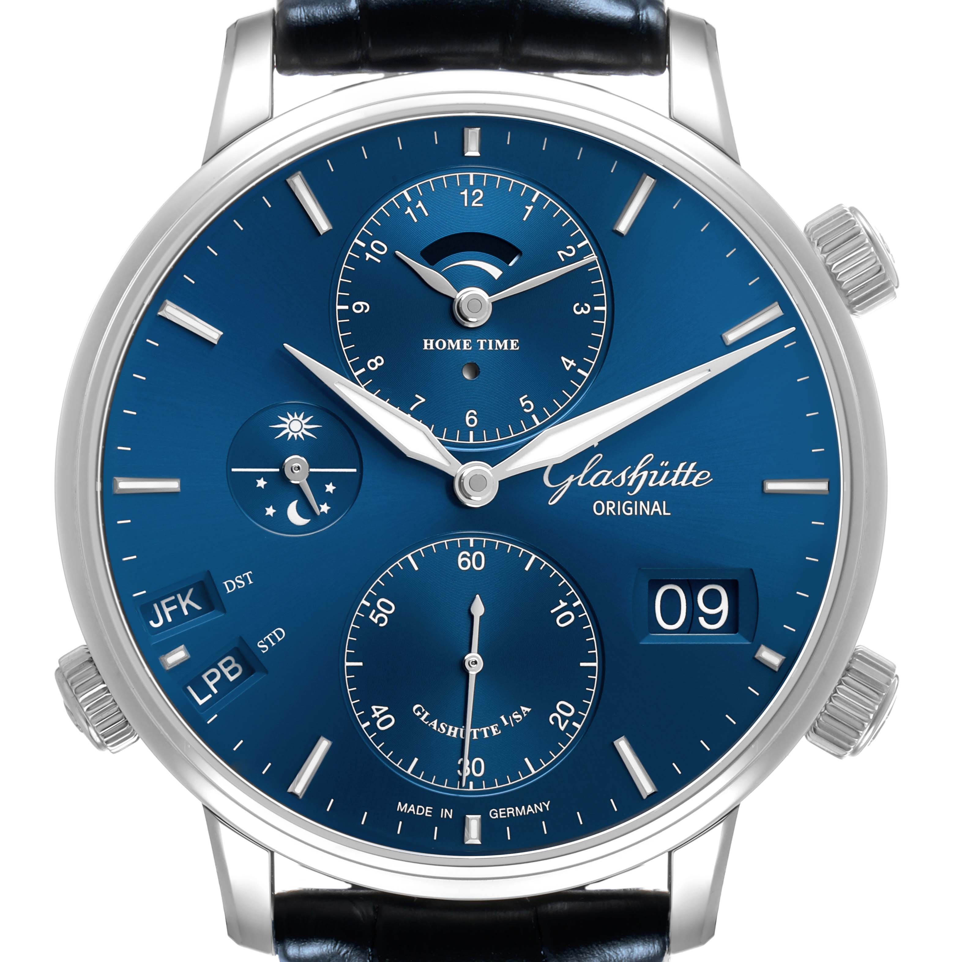 The Glashütte Original watch is shown from the front, displaying the blue dial, subdials, and date window.