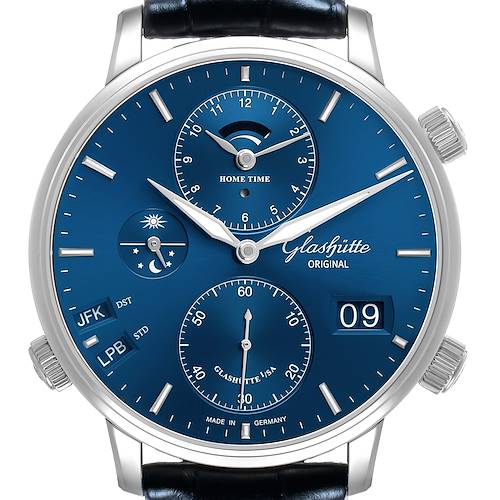 The Glashütte Original watch is shown from the front, displaying the dial, subdials, and crown details.