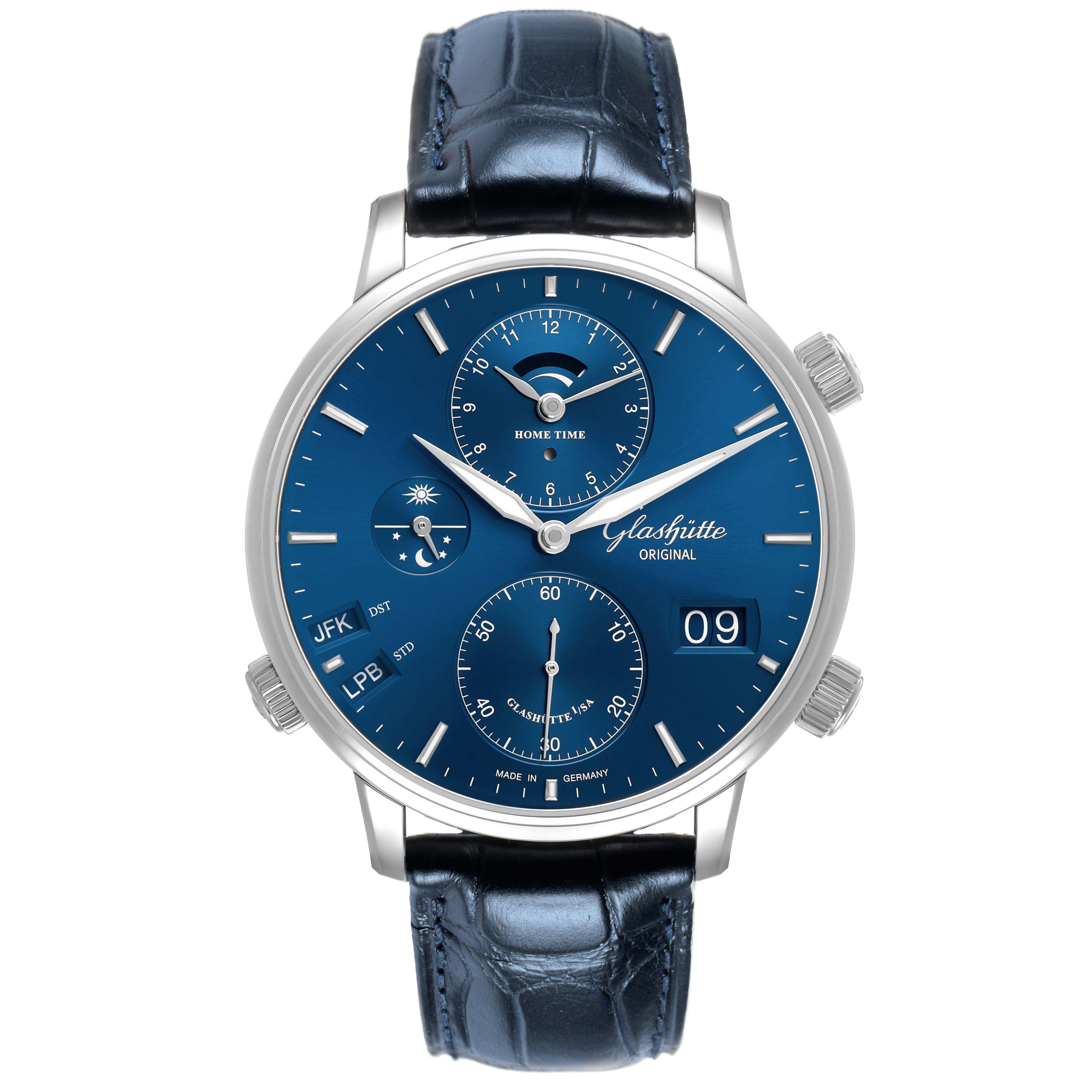 The Glashütte Original watch is shown from a front angle, displaying its blue dial, subdials, date window, and leather strap.
