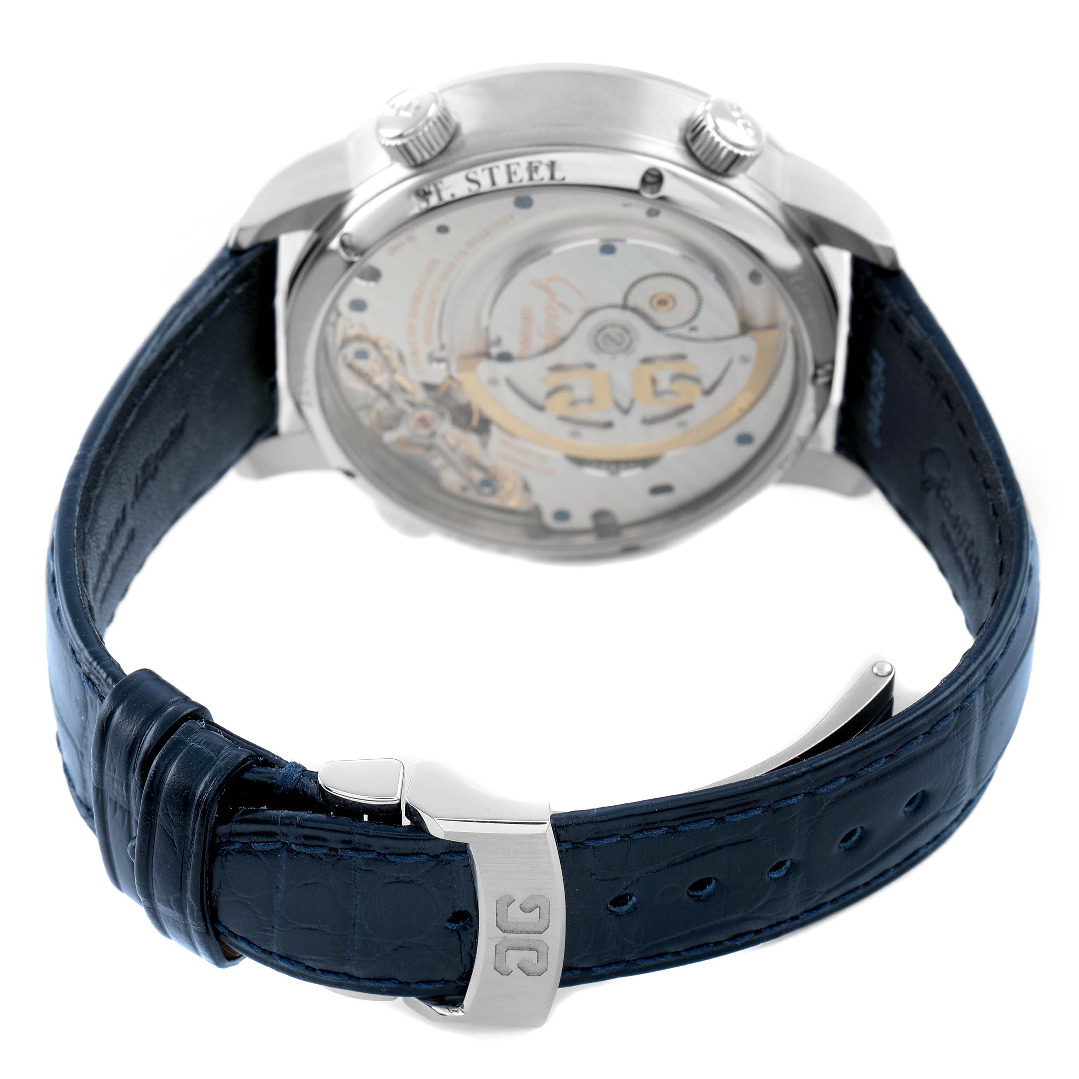The image shows the back view of the Glashutte Original 1-89-02-05-02-30 Men's Stainless Steel Blue Dial watch, highlighting the mechanical movement and blue leather strap.