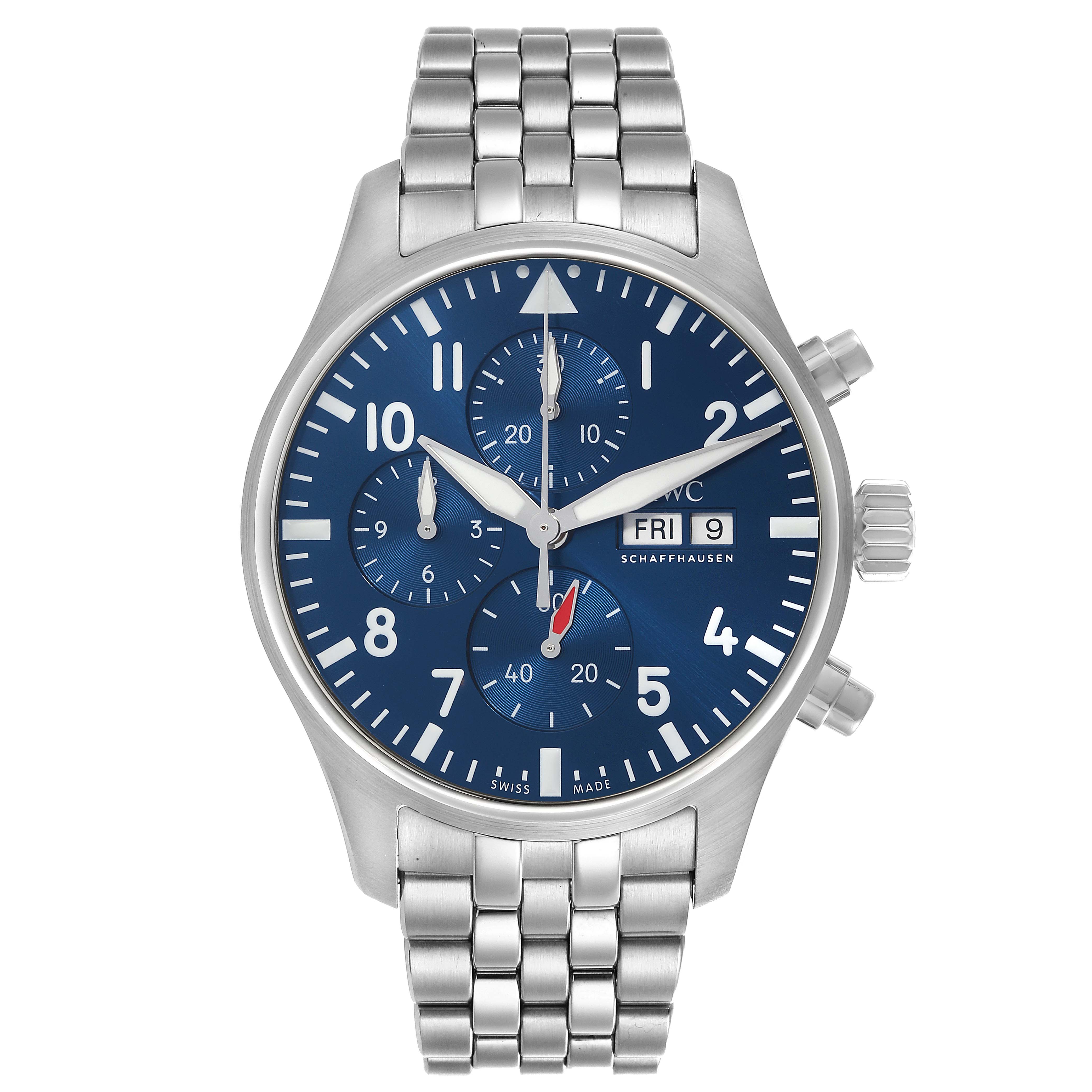 The IWC Pilot IW378004 Men's Stainless Steel Blue Dial IW378004 Men's Stainless Steel Blue Dial watch is shown from the front, displaying its face, dials, and metal bracelet clearly.