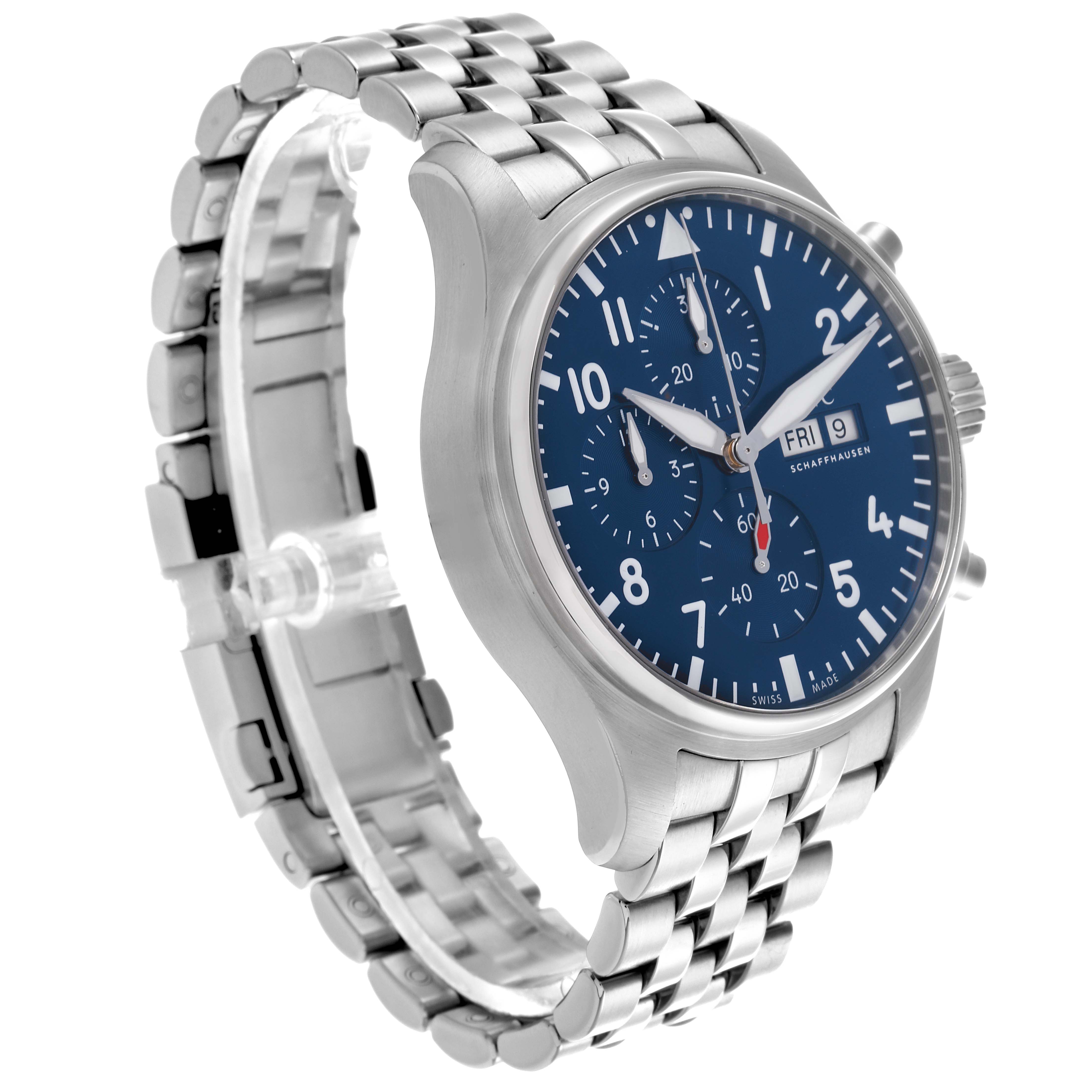 The IWC Pilot IW378004 Men's Stainless Steel Blue Dial IW378004 Men's Stainless Steel Blue Dial watch is shown at a three-quarter angle, highlighting the dial, crown, pushers, and stainless steel bracelet.