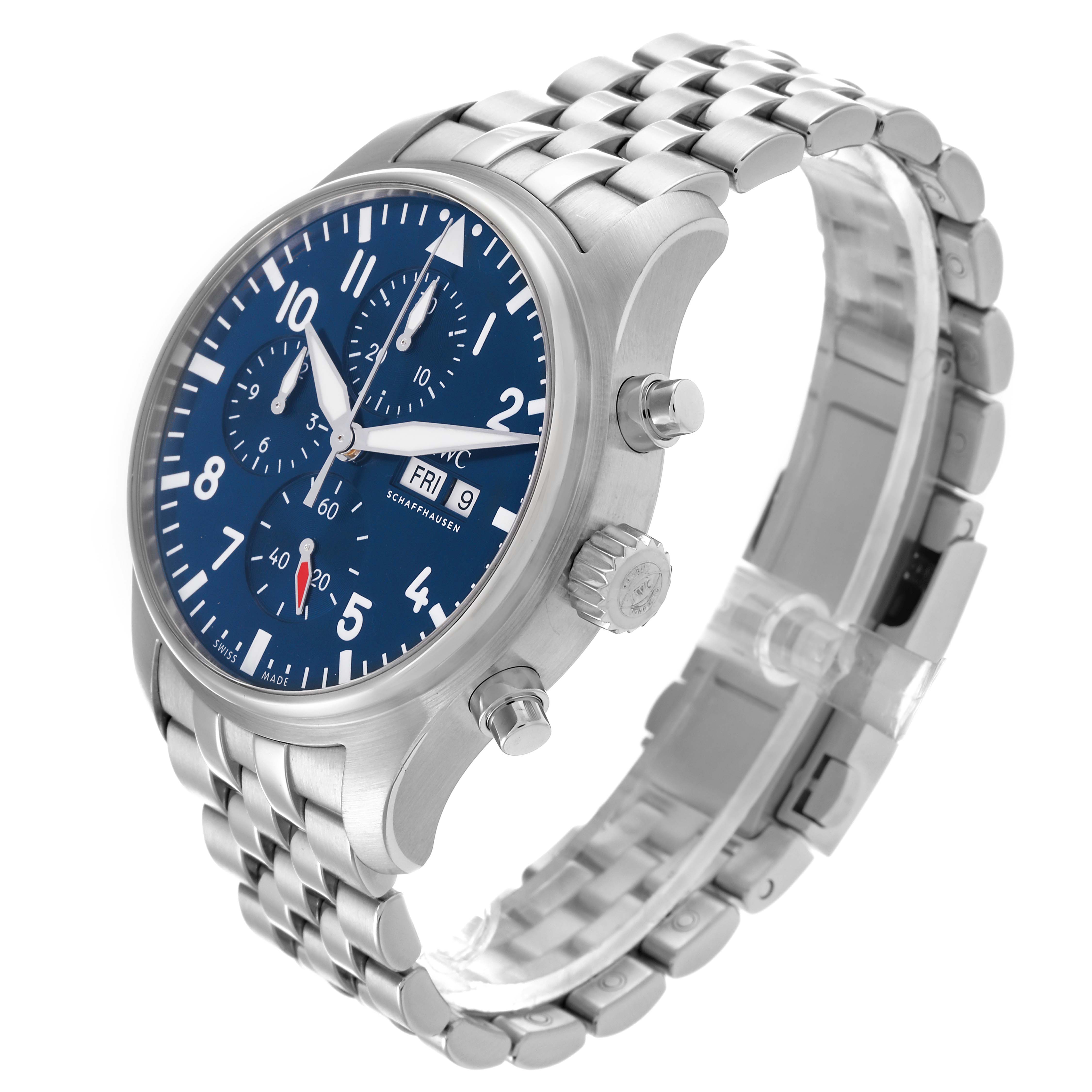 The IWC Pilot IW378004 Men's Stainless Steel Blue Dial IW378004 Men's Stainless Steel Blue Dial watch is shown at a slight angle, displaying the face, crown, pushers, and bracelet.
