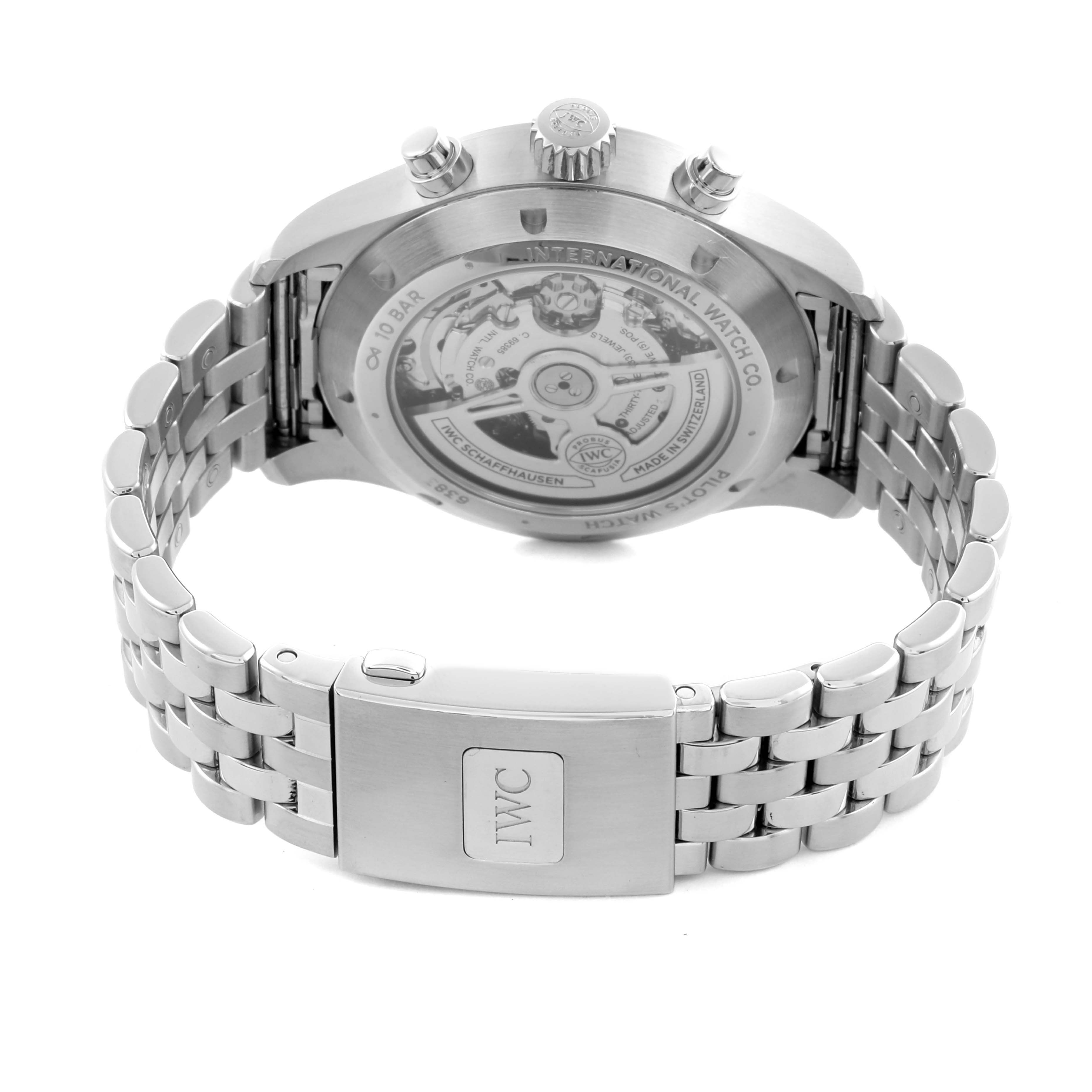 The image shows the back case and bracelet of an IWC Pilot IW378004 Men's Stainless Steel Blue Dial IW378004 Men's Stainless Steel Blue Dial model watch, highlighting its intricate movement and clasp.