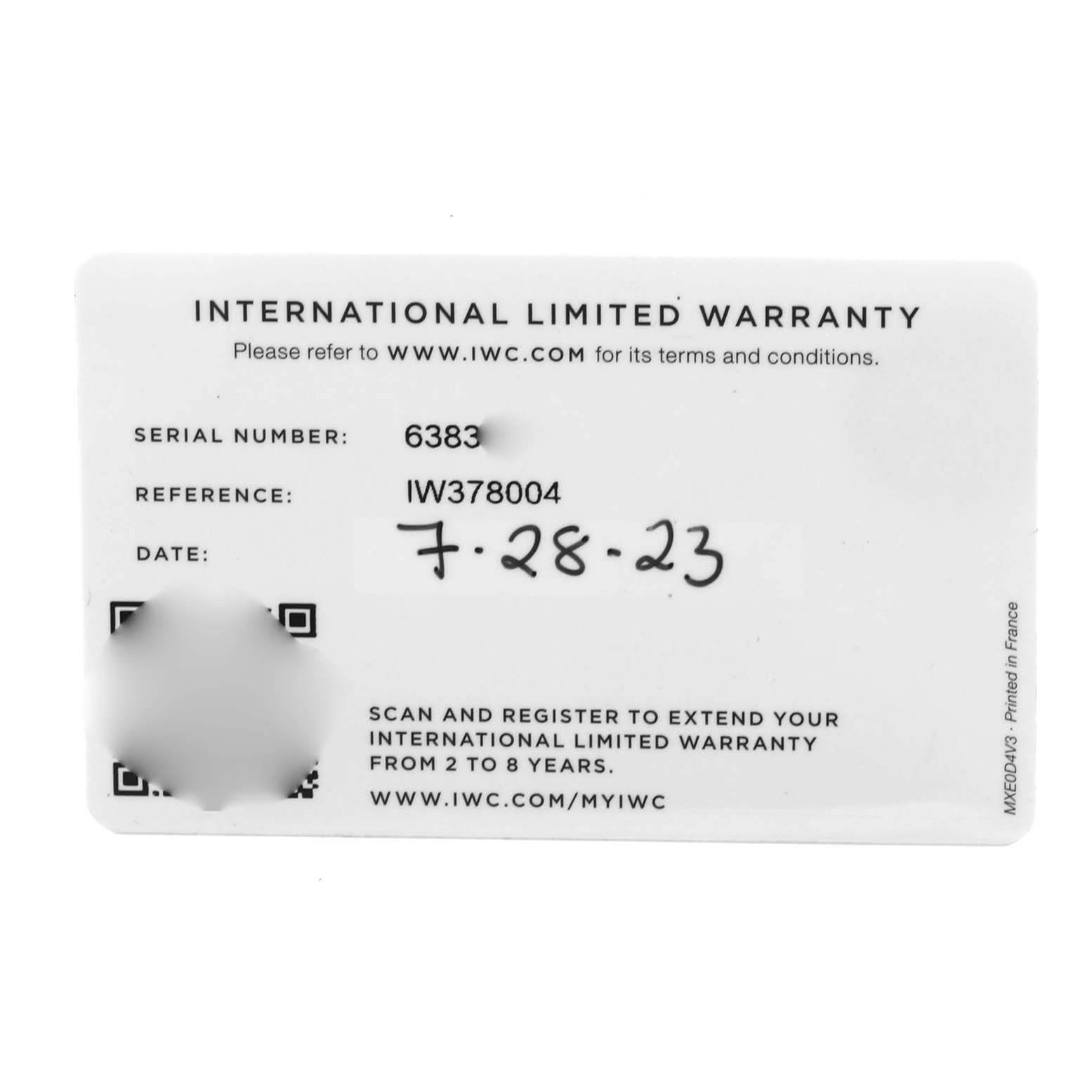 The image shows an IWC Pilot IW378004 Men's Stainless Steel Blue Dial IW378004 Men's Stainless Steel Blue Dial model warranty card, detailing serial, reference, and date information.