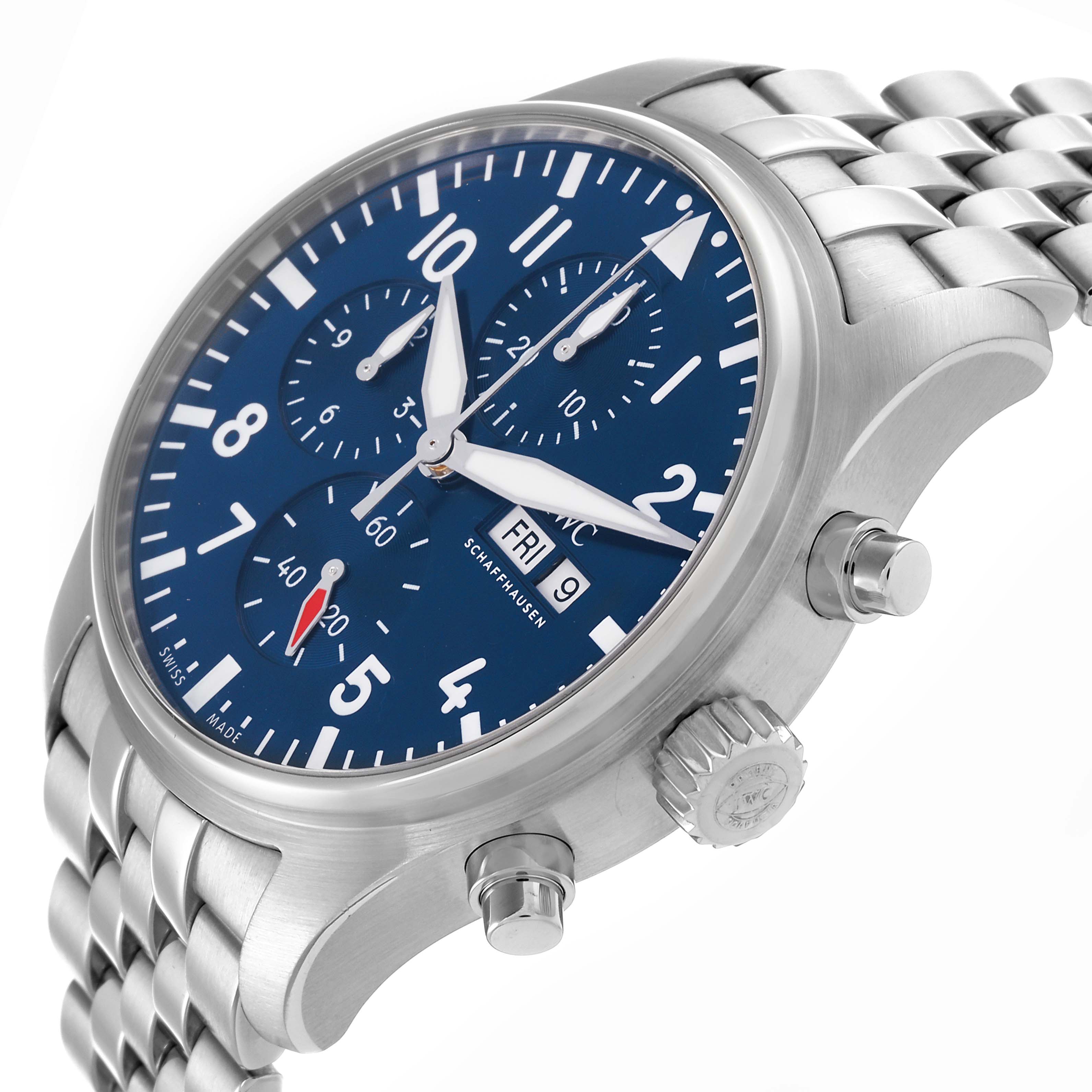 The IWC Pilot IW378004 Men's Stainless Steel Blue Dial IW378004 Men's Stainless Steel Blue Dial watch is shown from a three-quarter angle, highlighting its blue dial, crown, pushers, and stainless steel bracelet.