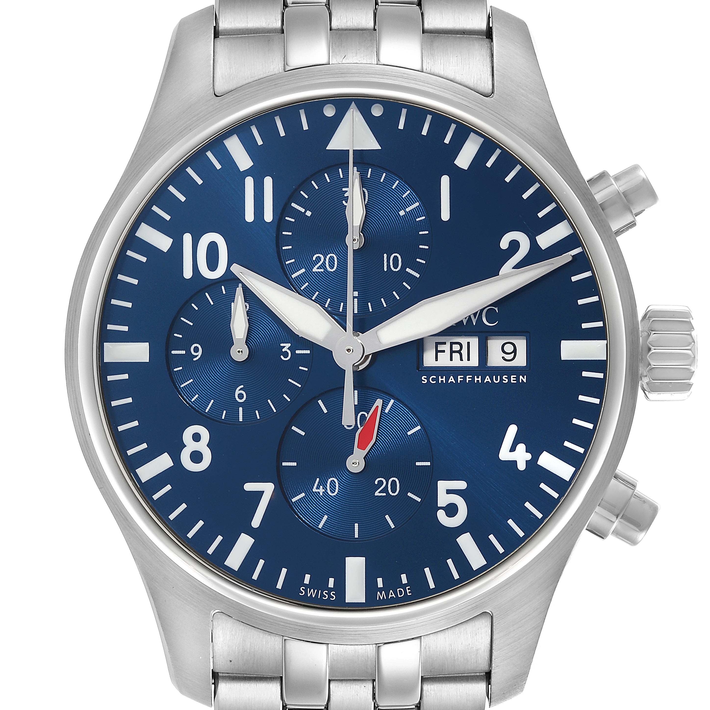 The IWC Pilot IW378004 Men's Stainless Steel Blue Dial IW378004 Men's Stainless Steel Blue Dial watch is shown from a frontal angle, displaying its blue dial, numerals, chronograph dials, and bracelet.