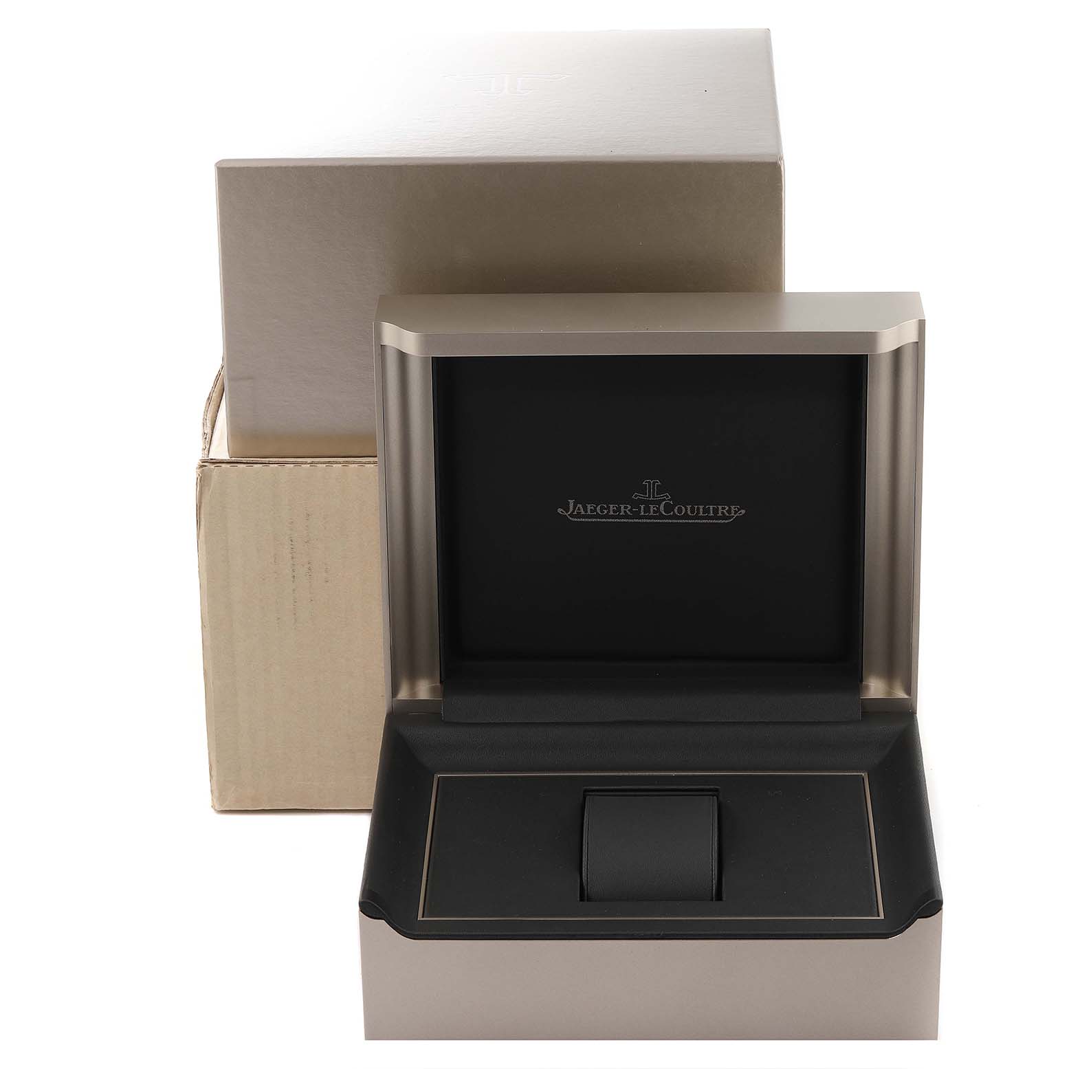 The image shows an open Jaeger LeCoultre Reverso Q3752520 Men
s Rose Gold Silver Dial Q3752520 Men
s Rose Gold Silver Dial watch box with an outer cardboard box in the background.