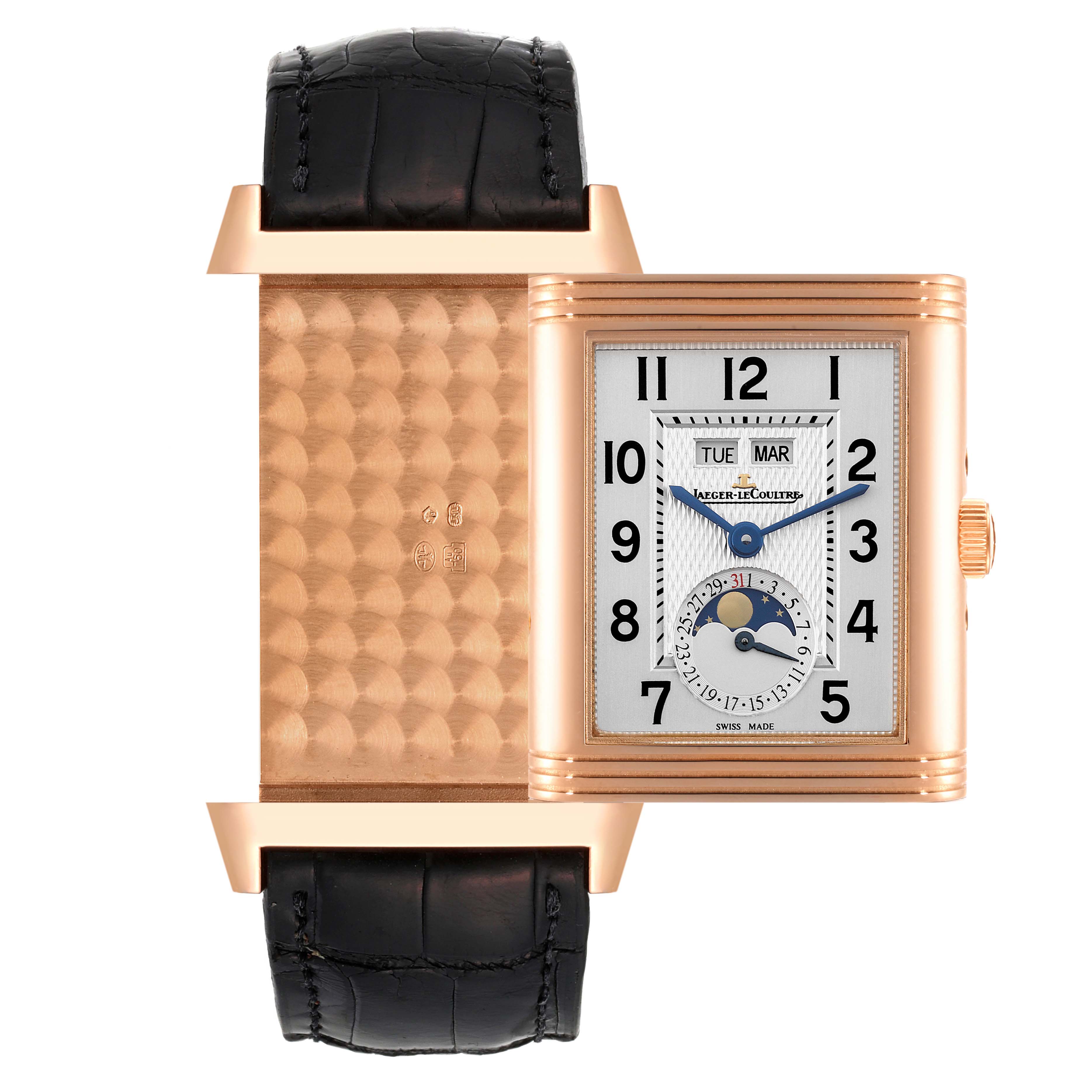 The image shows the front and engraved back of a Jaeger LeCoultre Reverso Q3752520 Men
s Rose Gold Silver Dial Q3752520 Men
s Rose Gold Silver Dial watch at a straight-on angle.