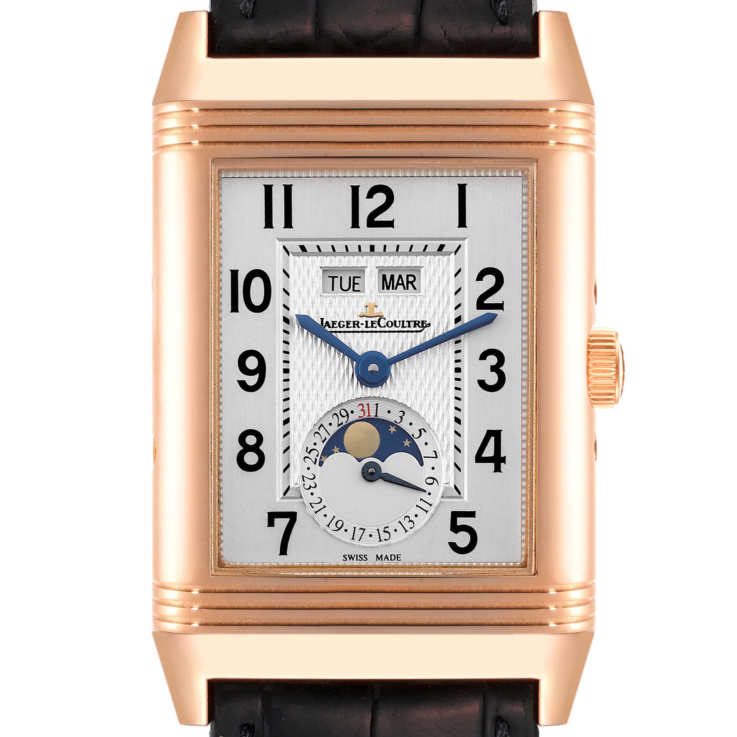 This image shows a front view of a Jaeger LeCoultre Reverso Q3752520 Men
s Rose Gold Silver Dial Q3752520 Men
s Rose Gold Silver Dial watch, highlighting the dial, day-date, moon phase, and leather strap.