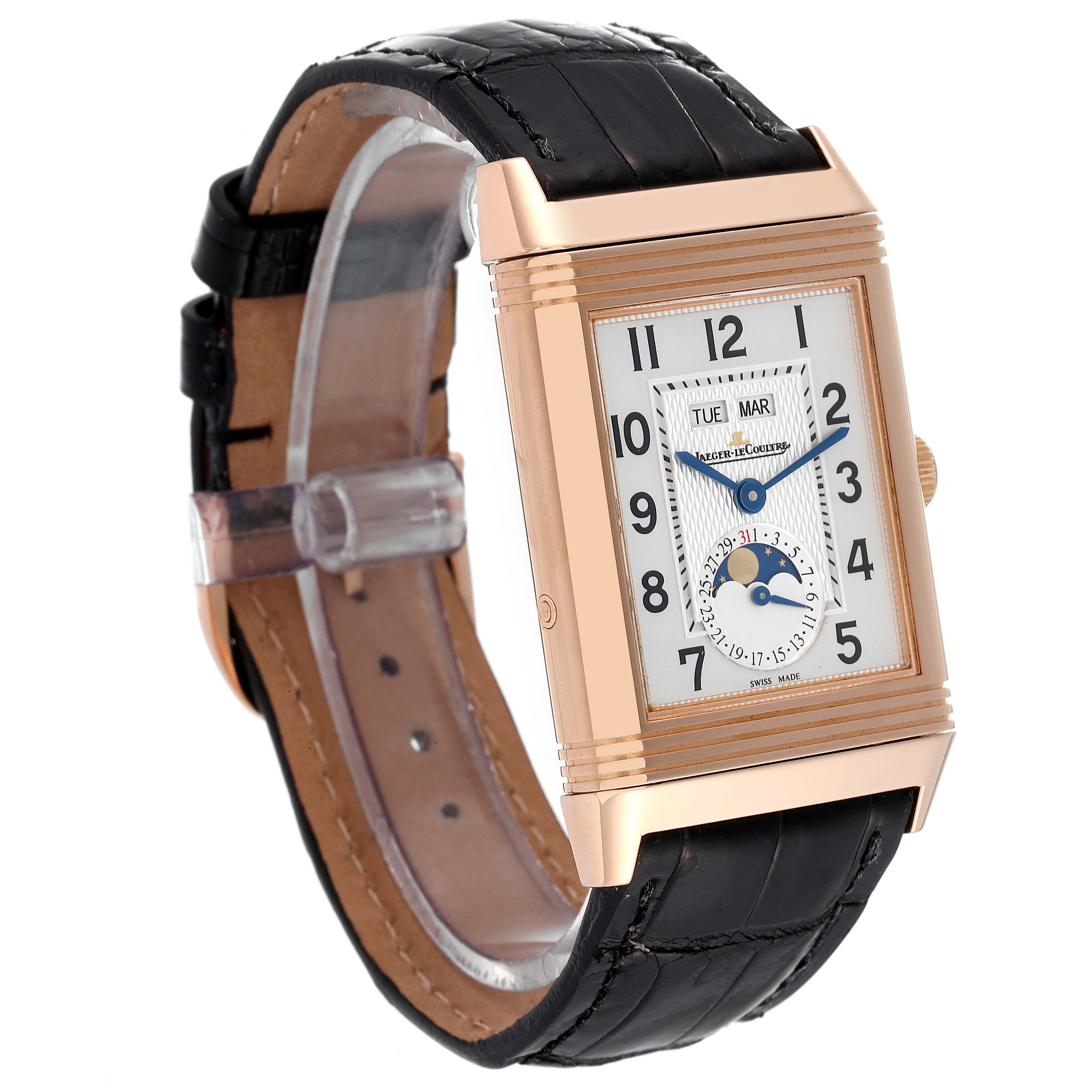 The image shows a front angle of the Jaeger LeCoultre Reverso Q3752520 Men
s Rose Gold Silver Dial Q3752520 Men
s Rose Gold Silver Dial watch, featuring the watch face, strap, and case.