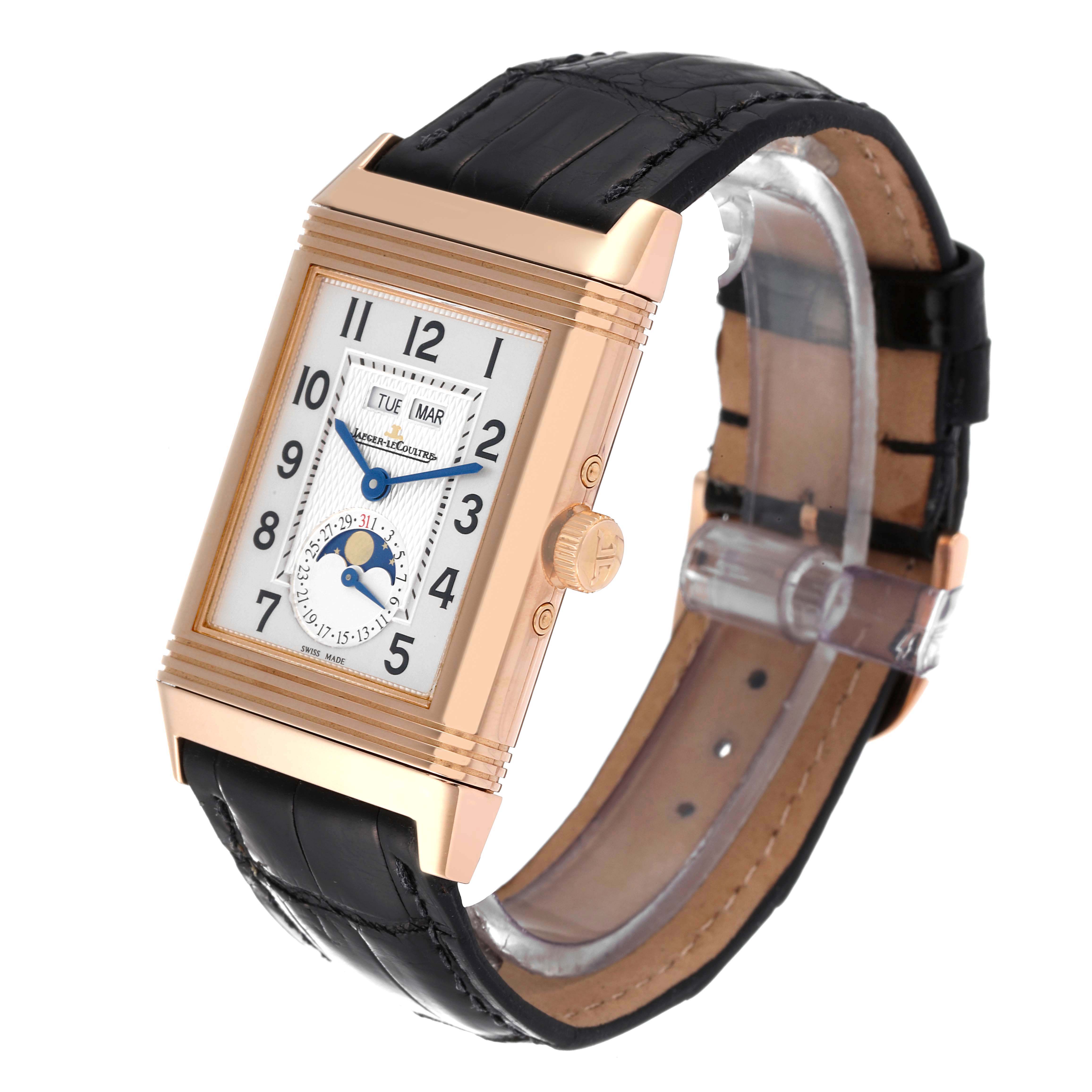 The watch shows a front and angled view of the Jaeger LeCoultre Reverso Q3752520 Men
s Rose Gold Silver Dial Q3752520 Men
s Rose Gold Silver Dial model with its face, strap, and crown visible.