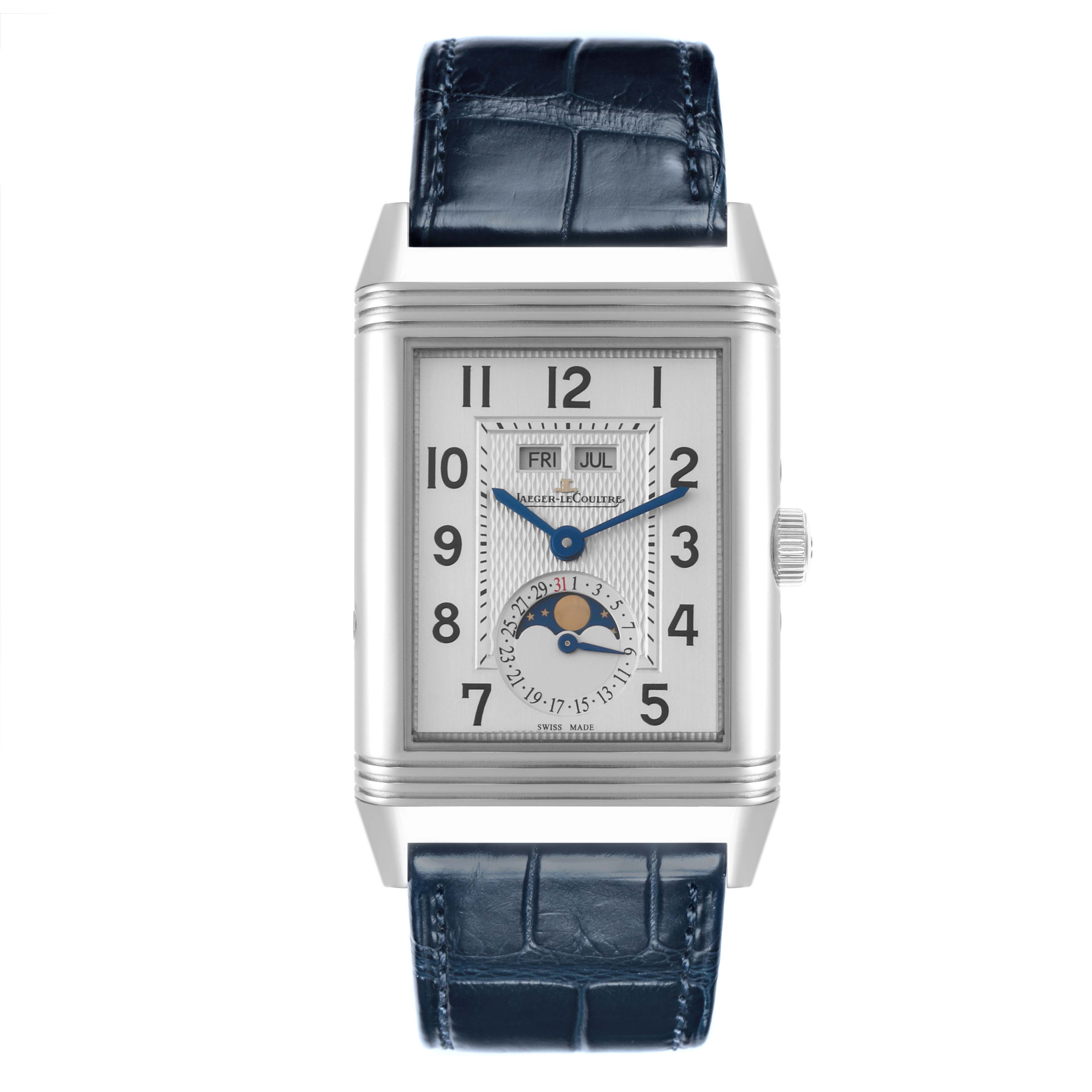 The image shows a front view of a Jaeger-LeCoultre Reverso watch with a blue leather strap, silver case, and detailed dial.