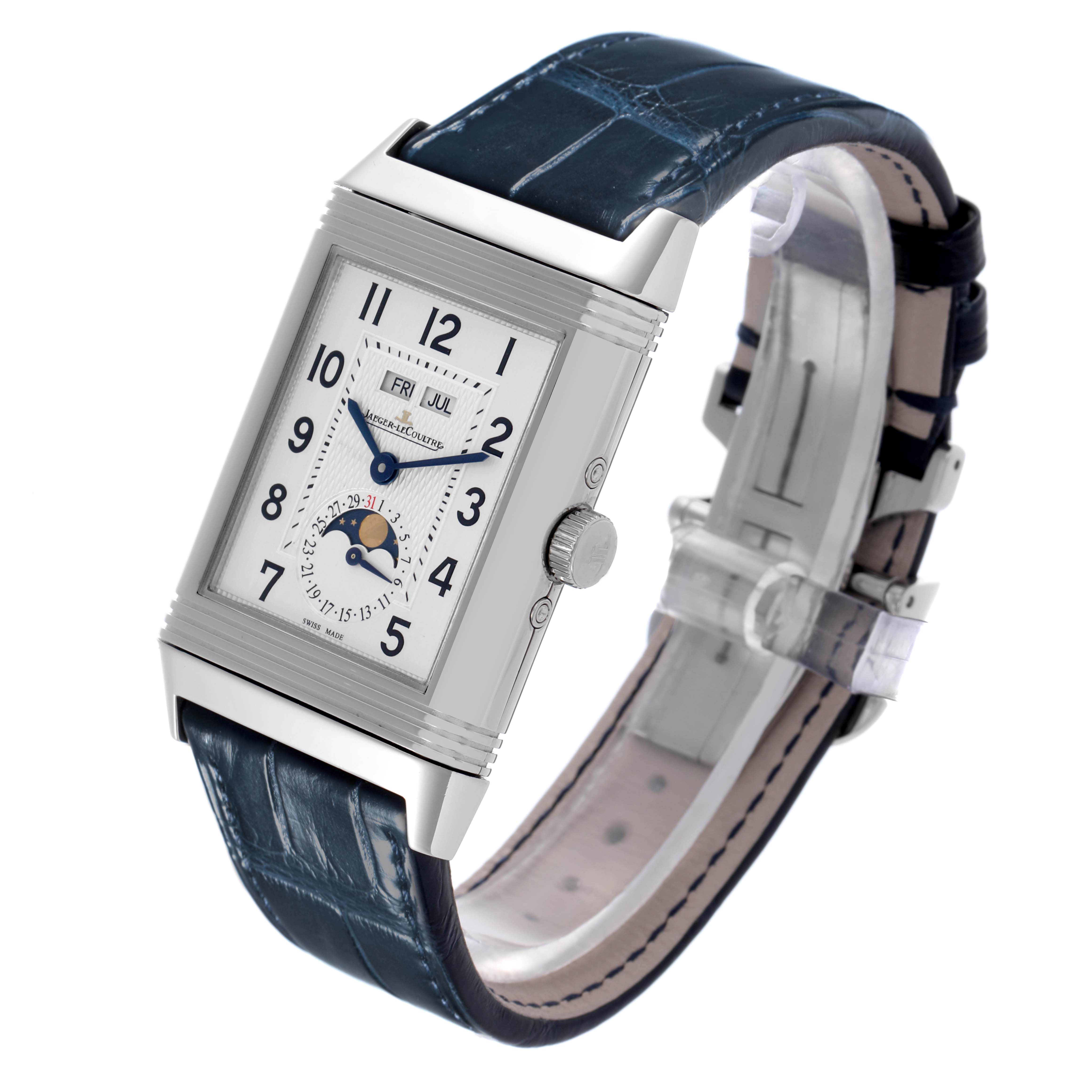 The Jaeger-LeCoultre Reverso watch is shown at a three-quarter angle, displaying the face, crown, and leather strap.
