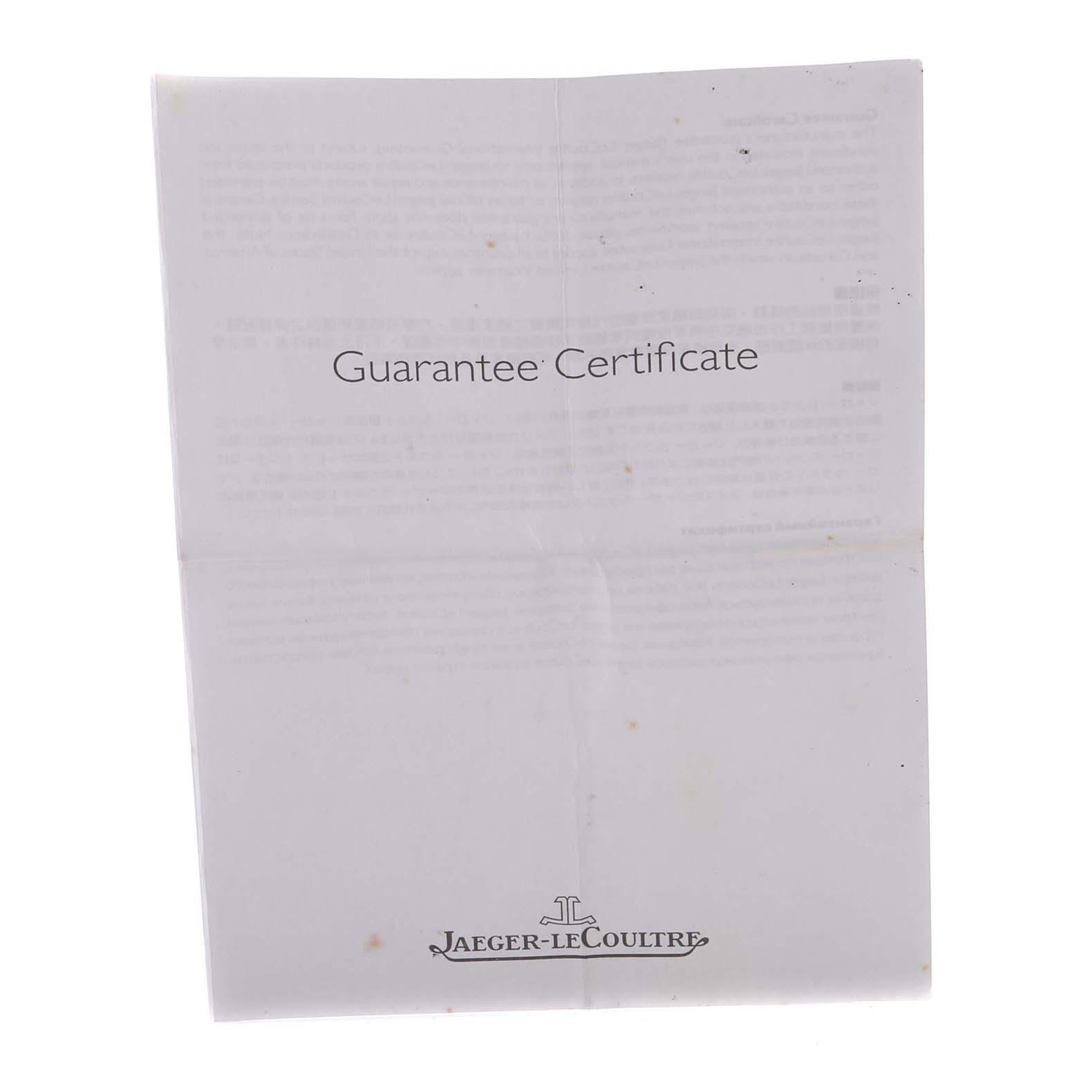 The image shows a Jaeger-LeCoultre Reverso model guarantee certificate, viewed from the front.