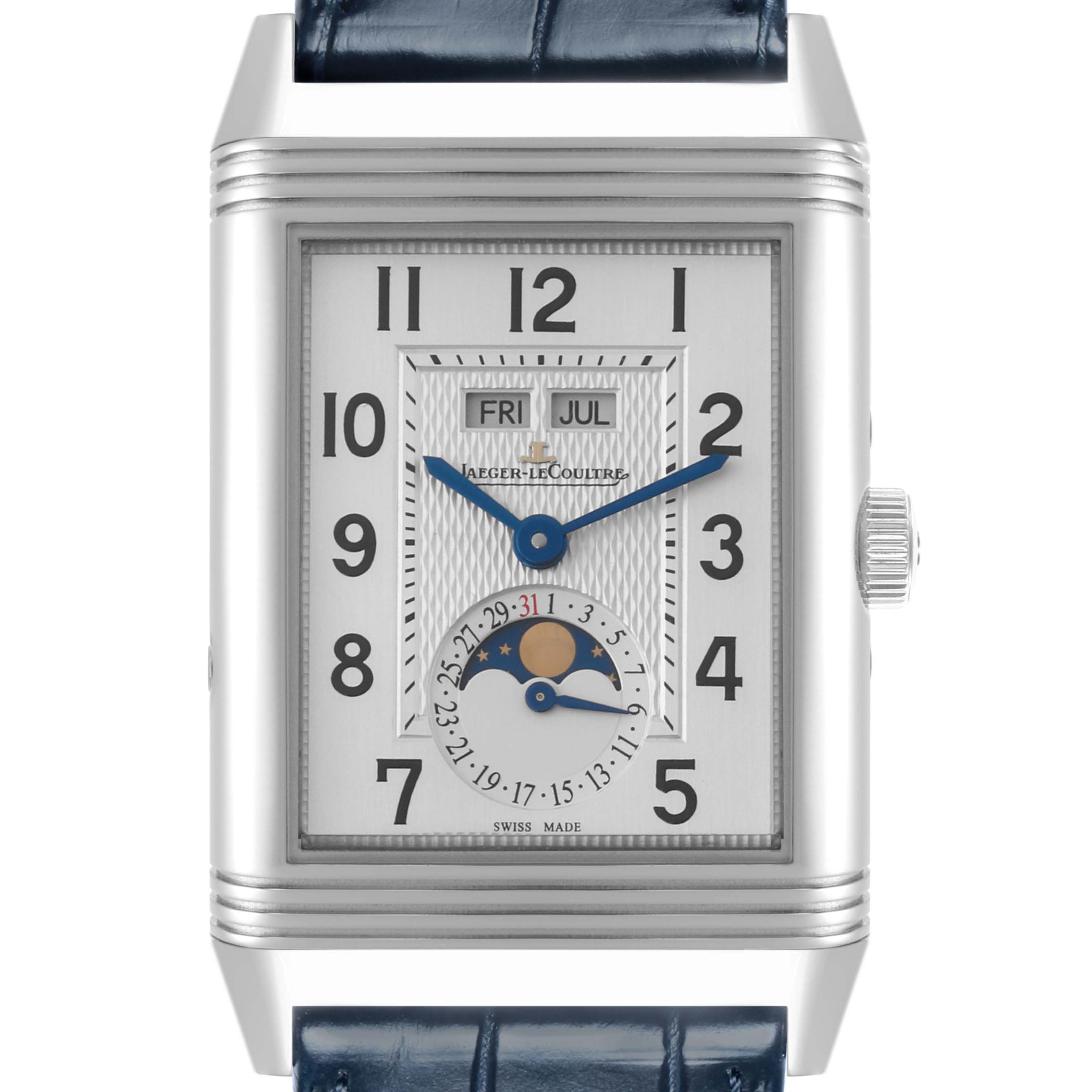 The Jaeger-LeCoultre Reverso watch is shown from the front, highlighting the dial with date, moon phase, and day/month indicators.