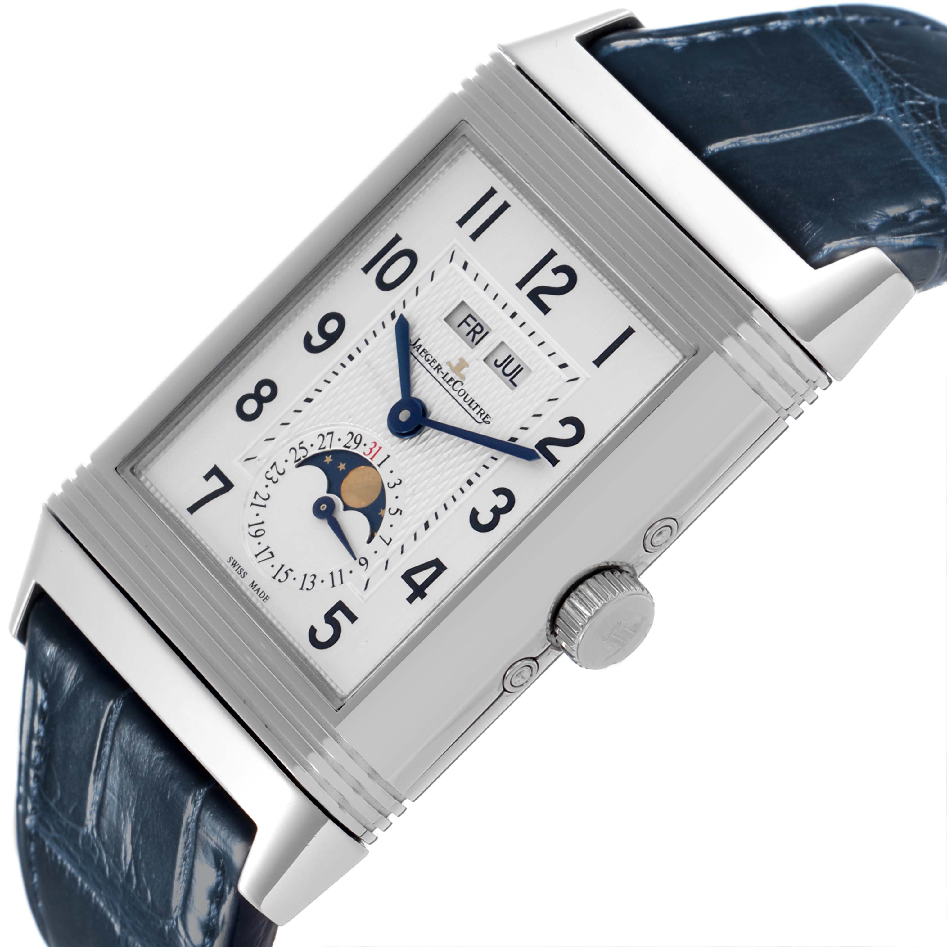 The Jaeger-LeCoultre Reverso watch is displayed at an angle highlighting the face, crown, and blue leather strap.