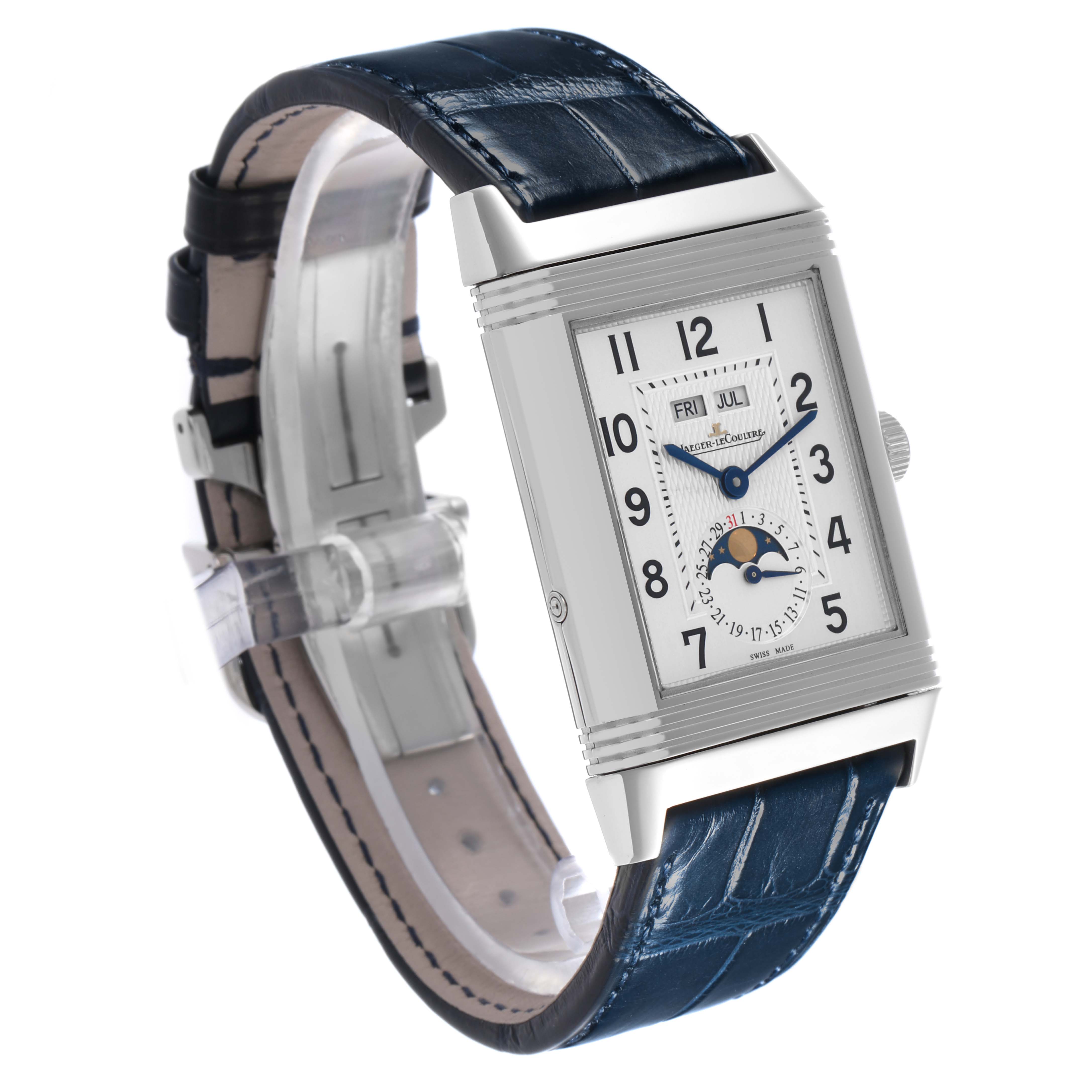 The Jaeger-LeCoultre Reverso watch is shown at a three-quarter angle, displaying its rectangular face, dial, and blue leather strap.