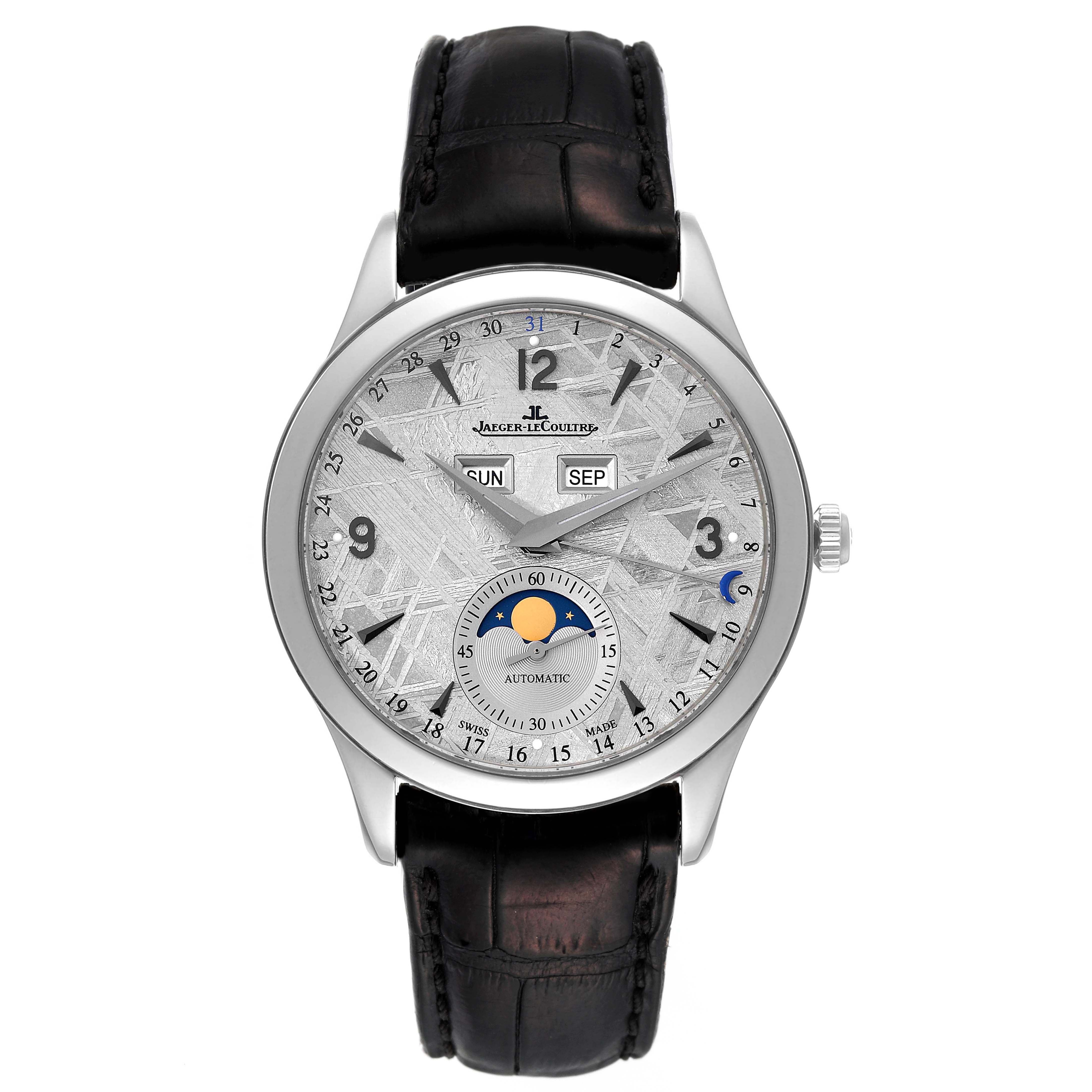 The image shows a front view of the Jaeger LeCoultre Master Q1558421 Men's Stainless Steel Silver Dial Q1558421 Men's Stainless Steel Silver Dial model watch, displaying its dial, hands, and leather strap.