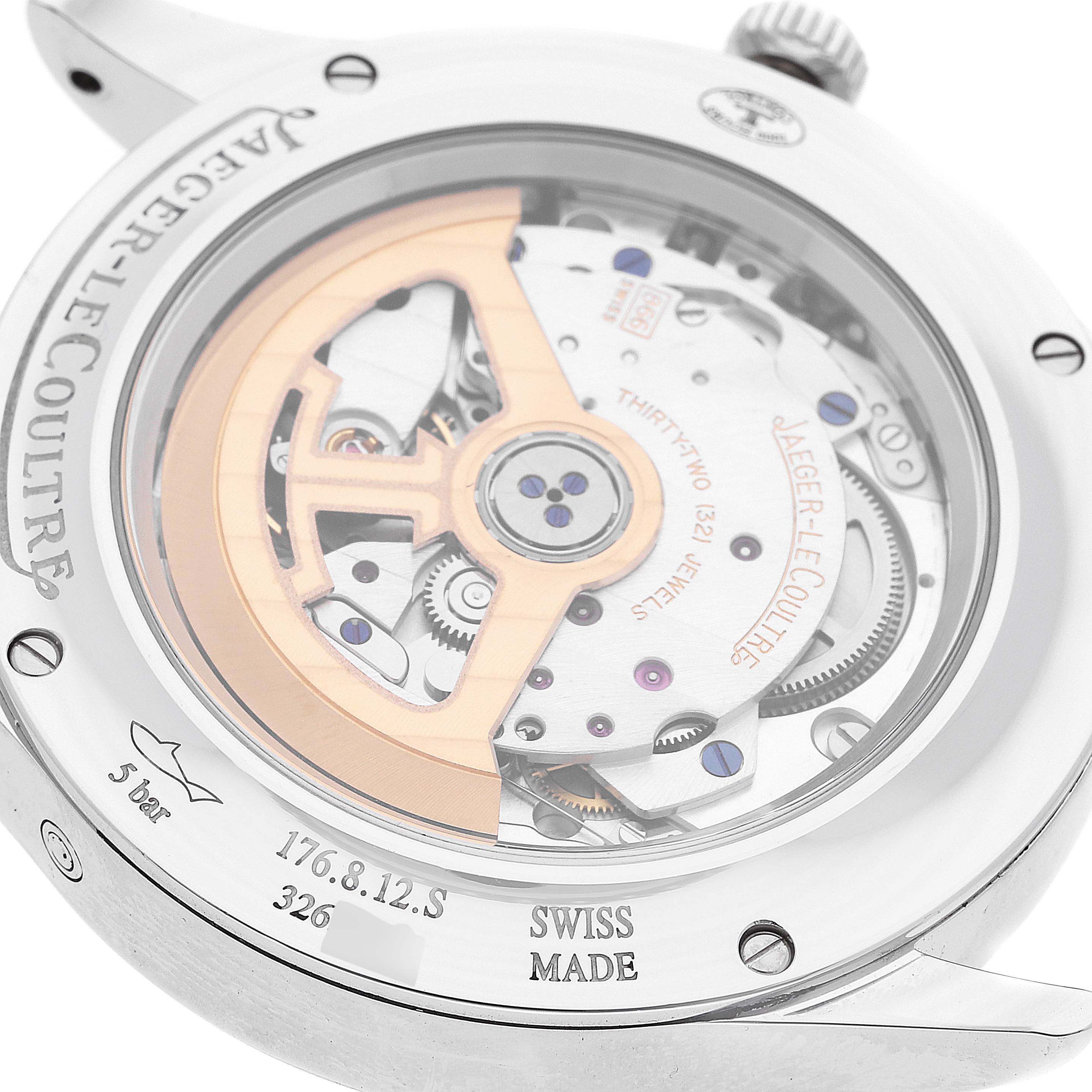 The image shows the back of a Jaeger-LeCoultre Master model watch, highlighting the movement components visible through a transparent case back.