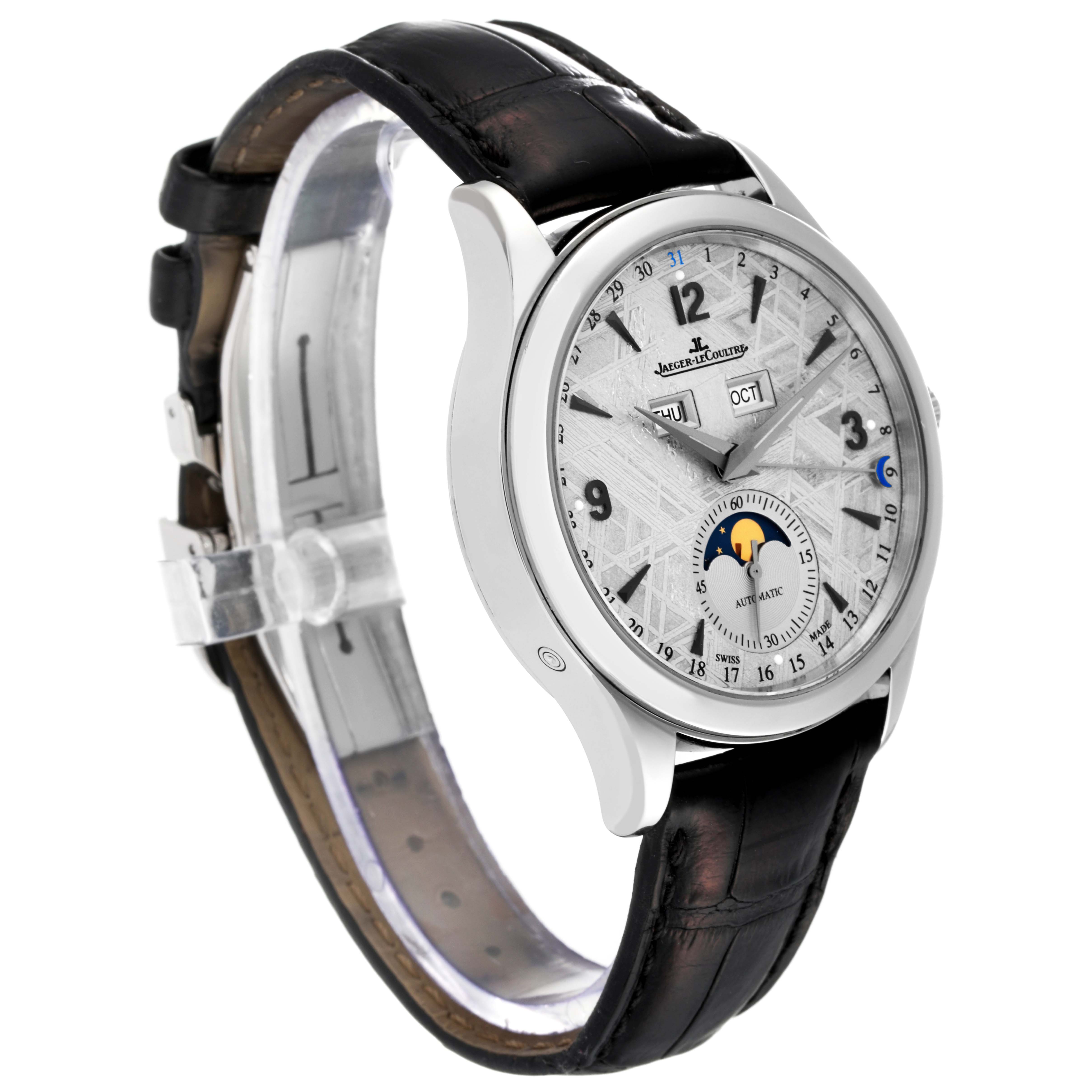 The image shows a Jaeger LeCoultre Master Q1558421 Men's Stainless Steel Silver Dial Q1558421 Men's Stainless Steel Silver Dial model watch from a slight left-side angle, highlighting the dial, case, and strap.