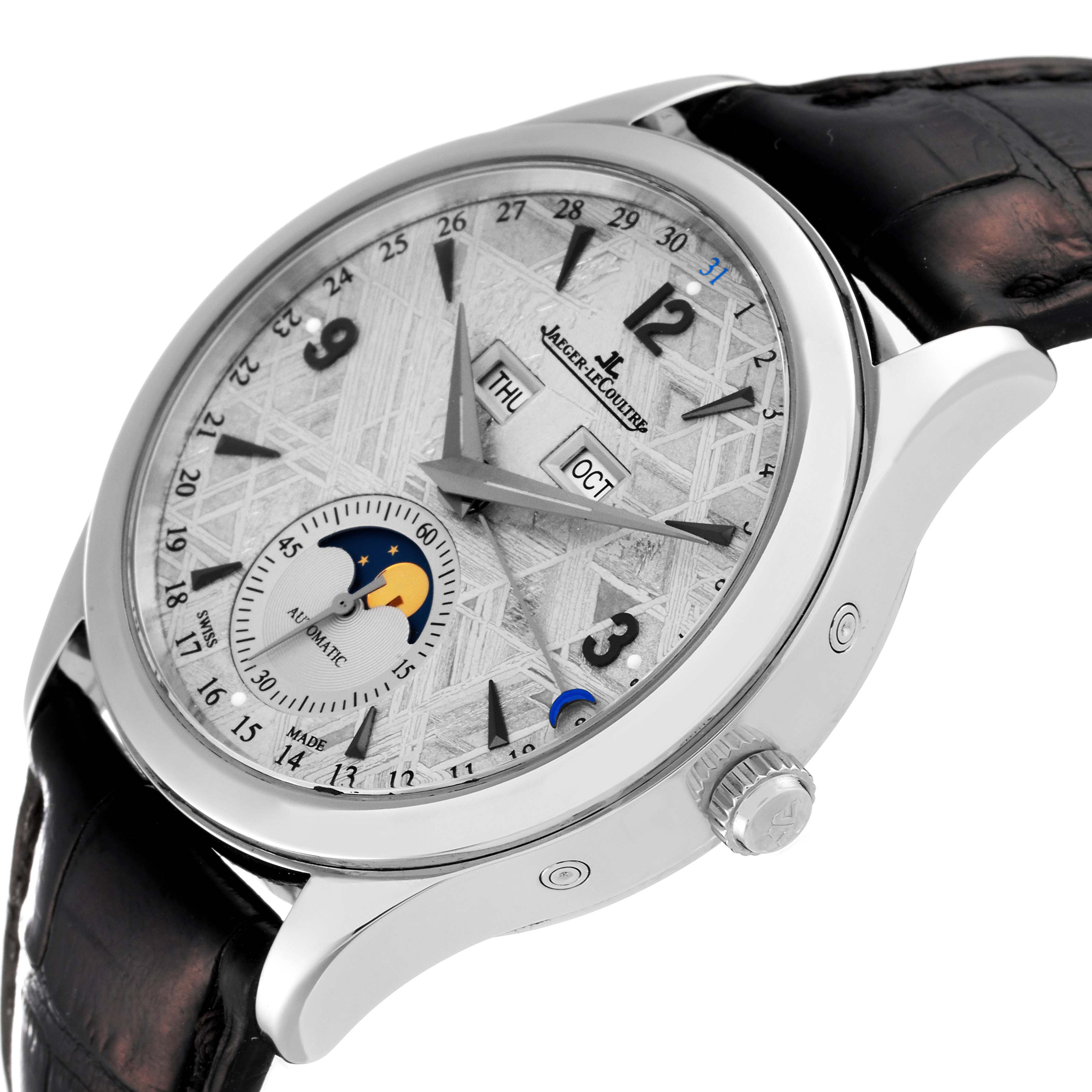 The image shows a Jaeger-LeCoultre Master model watch at a three-quarter angle, highlighting its face, crown, and black leather strap.