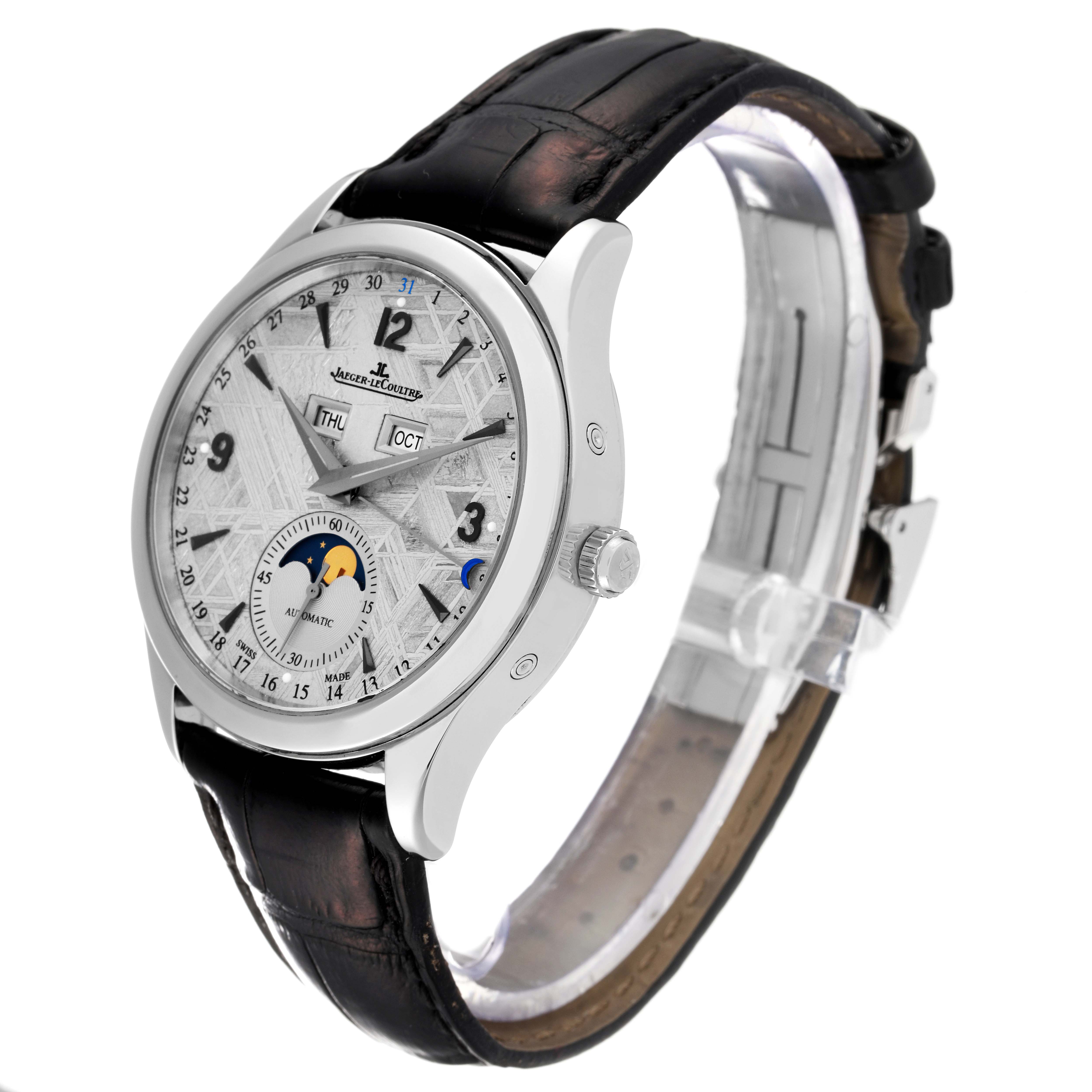 The image shows a Jaeger-LeCoultre Master model watch at a three-quarter angle, highlighting its face, crown, and leather strap.