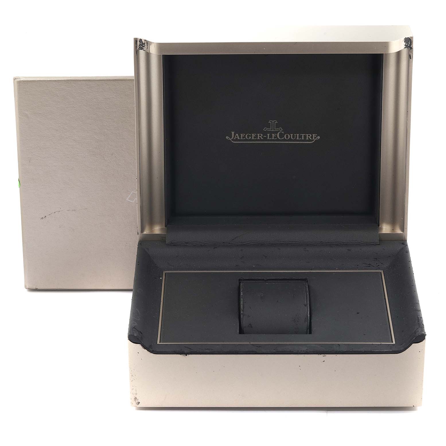 The image shows an open Jaeger LeCoultre Reverso Q3001420 Men's Yellow Gold Silver Dial Q3001420 Men's Yellow Gold Silver Dial watch box from a straightforward angle.