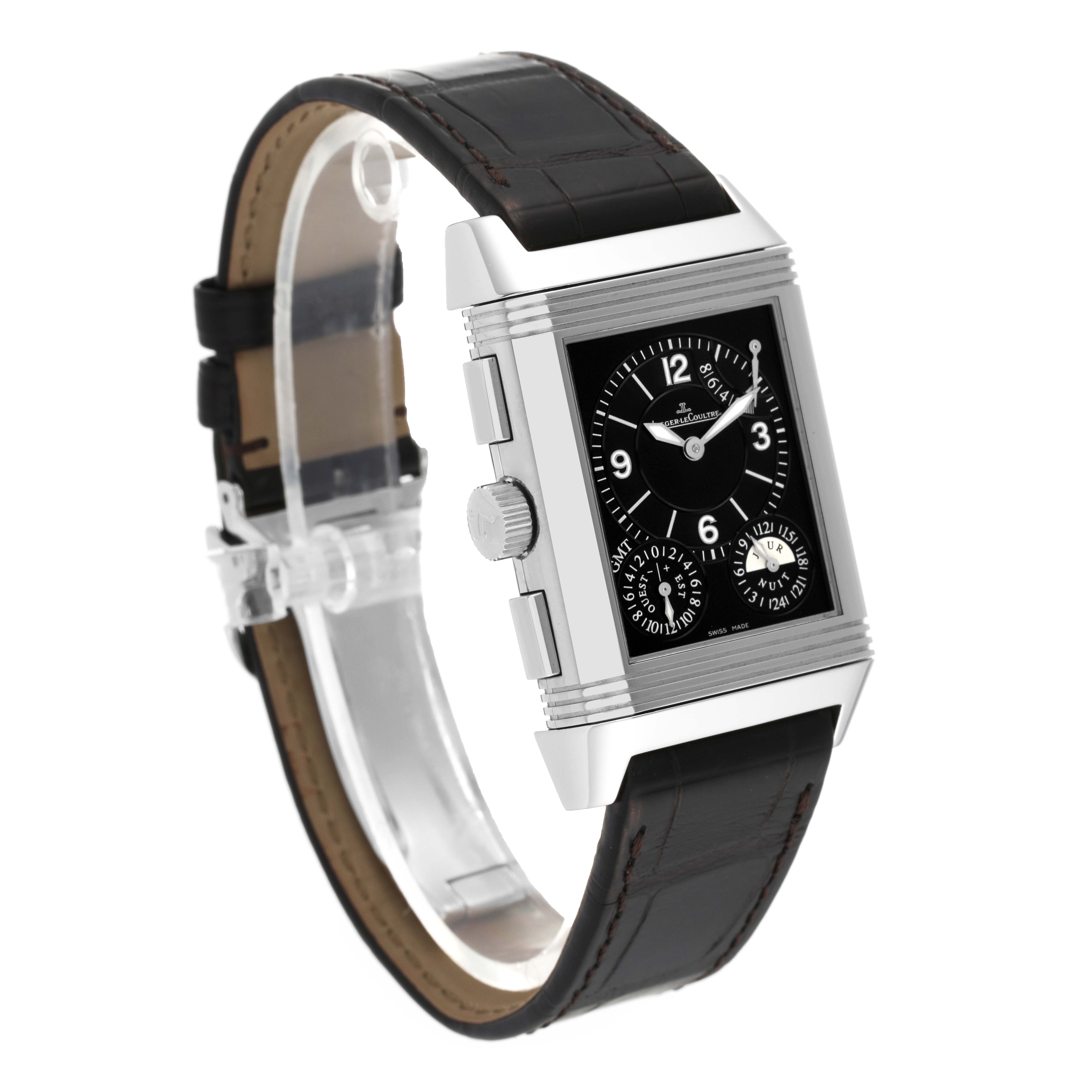 The Jaeger LeCoultre Reverso Q3028420 Men's Stainless Steel Silver Dial Q3028420 Men's Stainless Steel Silver Dial model is shown at a three-quarter angle, highlighting the black dial, side buttons, and leather strap.
