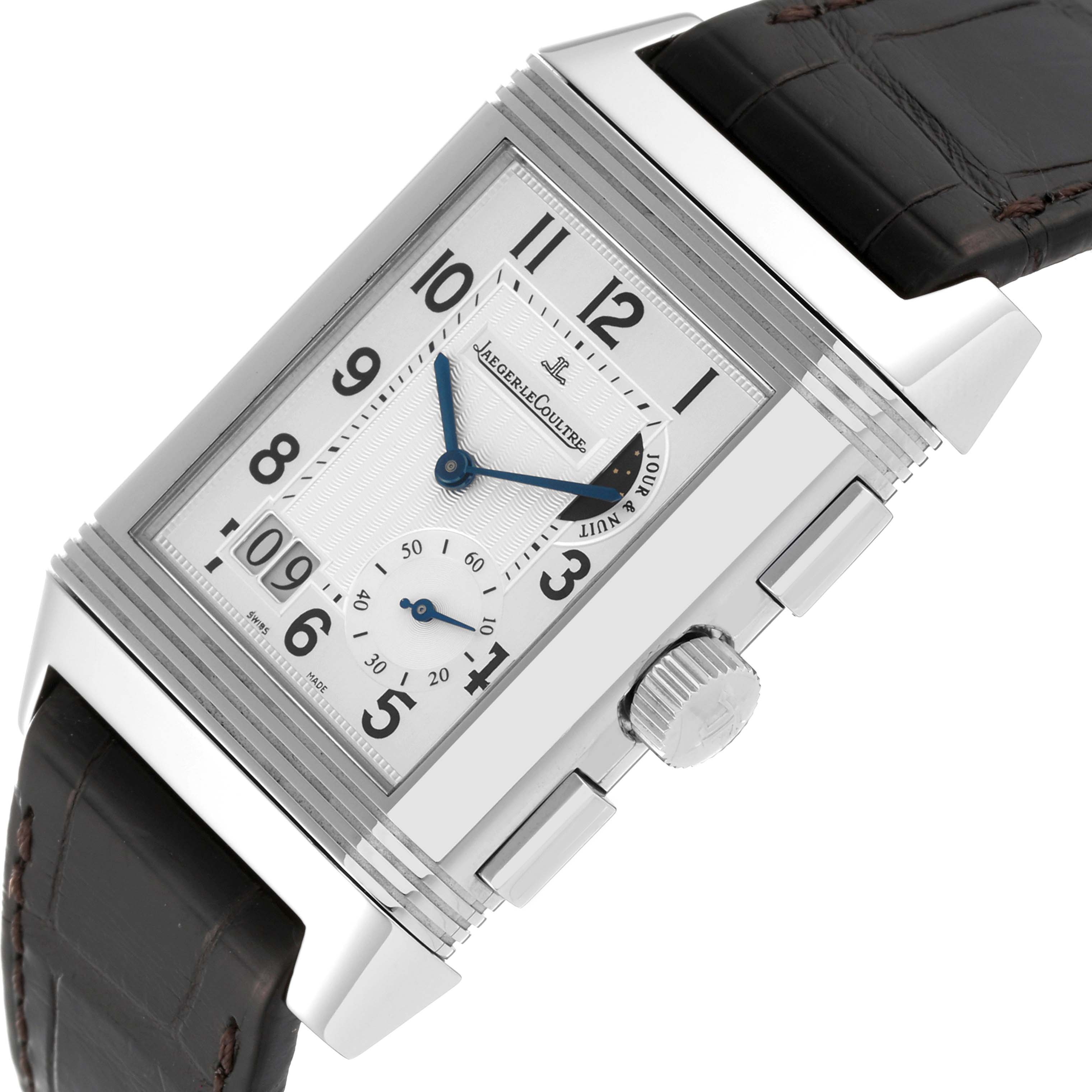 The image shows a close-up of the Jaeger-LeCoultre Reverso watch face and crown at an angled view.