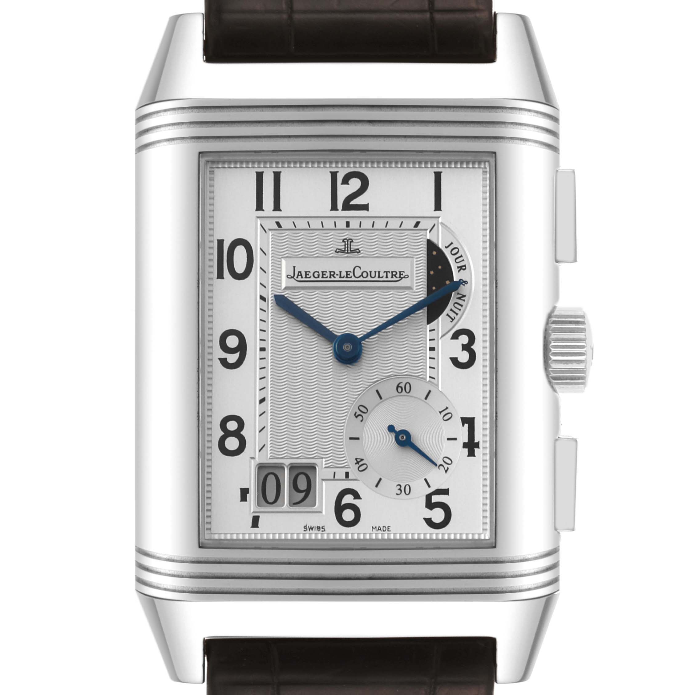 The image shows a close-up front view of the Jaeger LeCoultre Reverso Q3028420 Men's Stainless Steel Silver Dial Q3028420 Men's Stainless Steel Silver Dial watch, highlighting its rectangular face, dial, and crown.