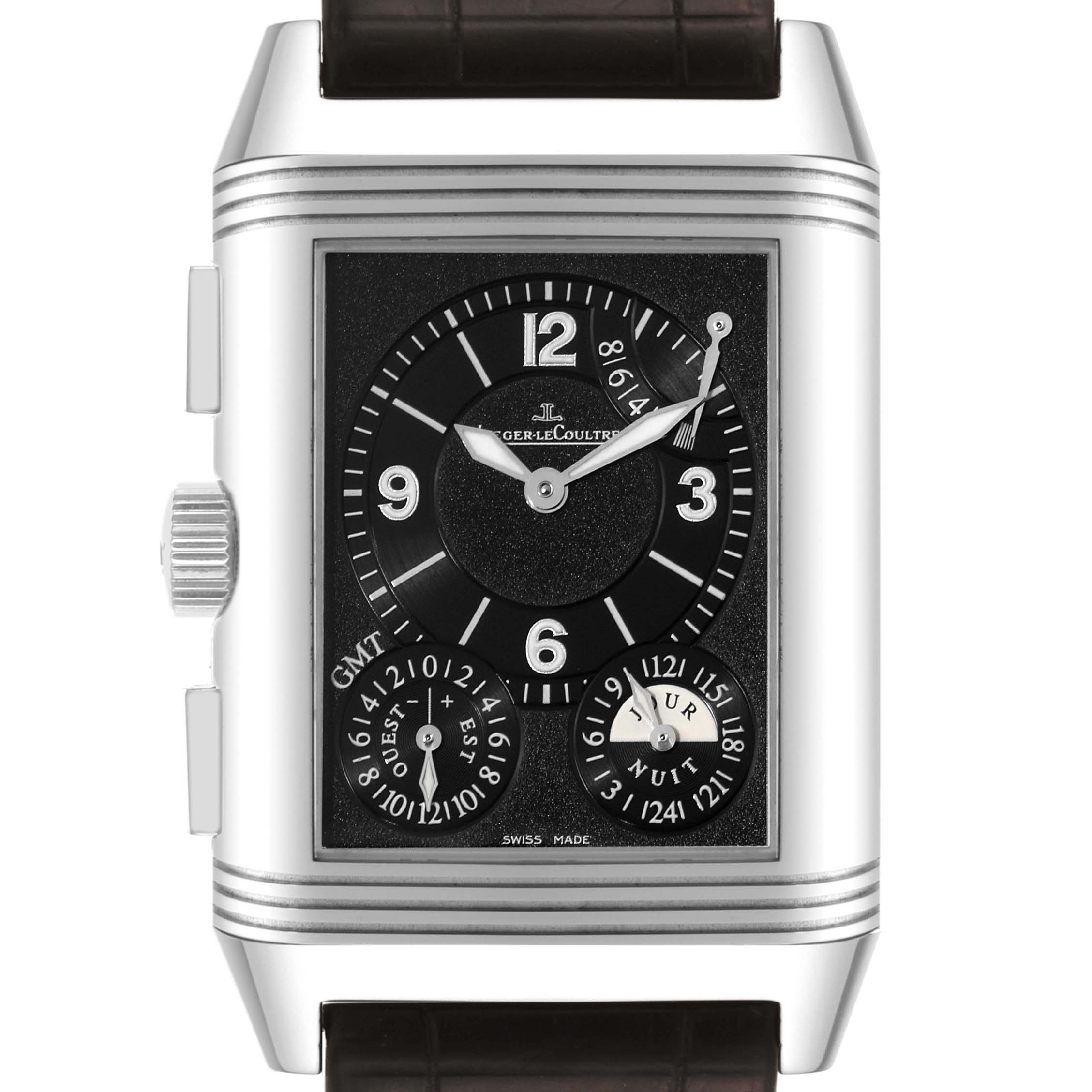 The image shows a front view of a Jaeger LeCoultre Reverso Q3028420 Men's Stainless Steel Silver Dial Q3028420 Men's Stainless Steel Silver Dial watch with its dial and side crown visible.