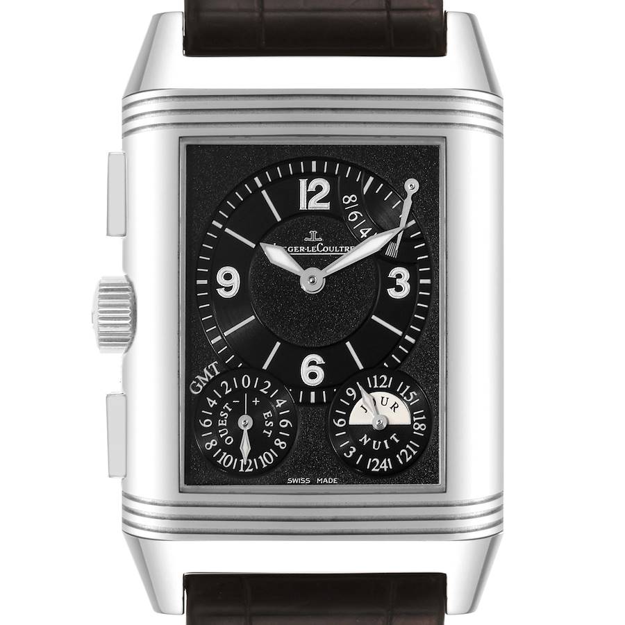 The image shows a front view of a Jaeger LeCoultre Reverso watch with its dial and side crown visible.