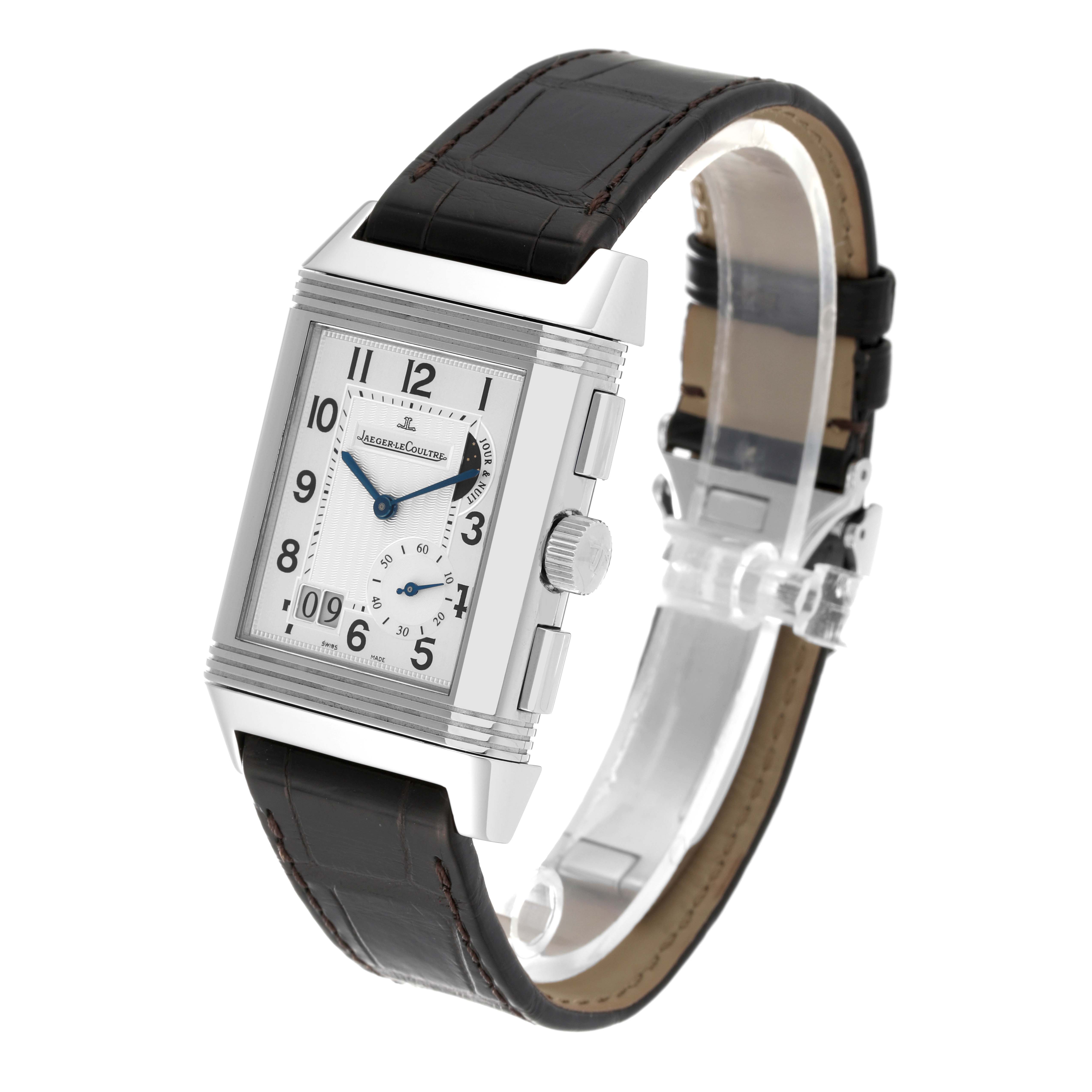 The image shows a Jaeger LeCoultre Reverso Q3028420 Men's Stainless Steel Silver Dial Q3028420 Men's Stainless Steel Silver Dial watch at a three-quarter angle, highlighting its rectangular face, strap, and side buttons.