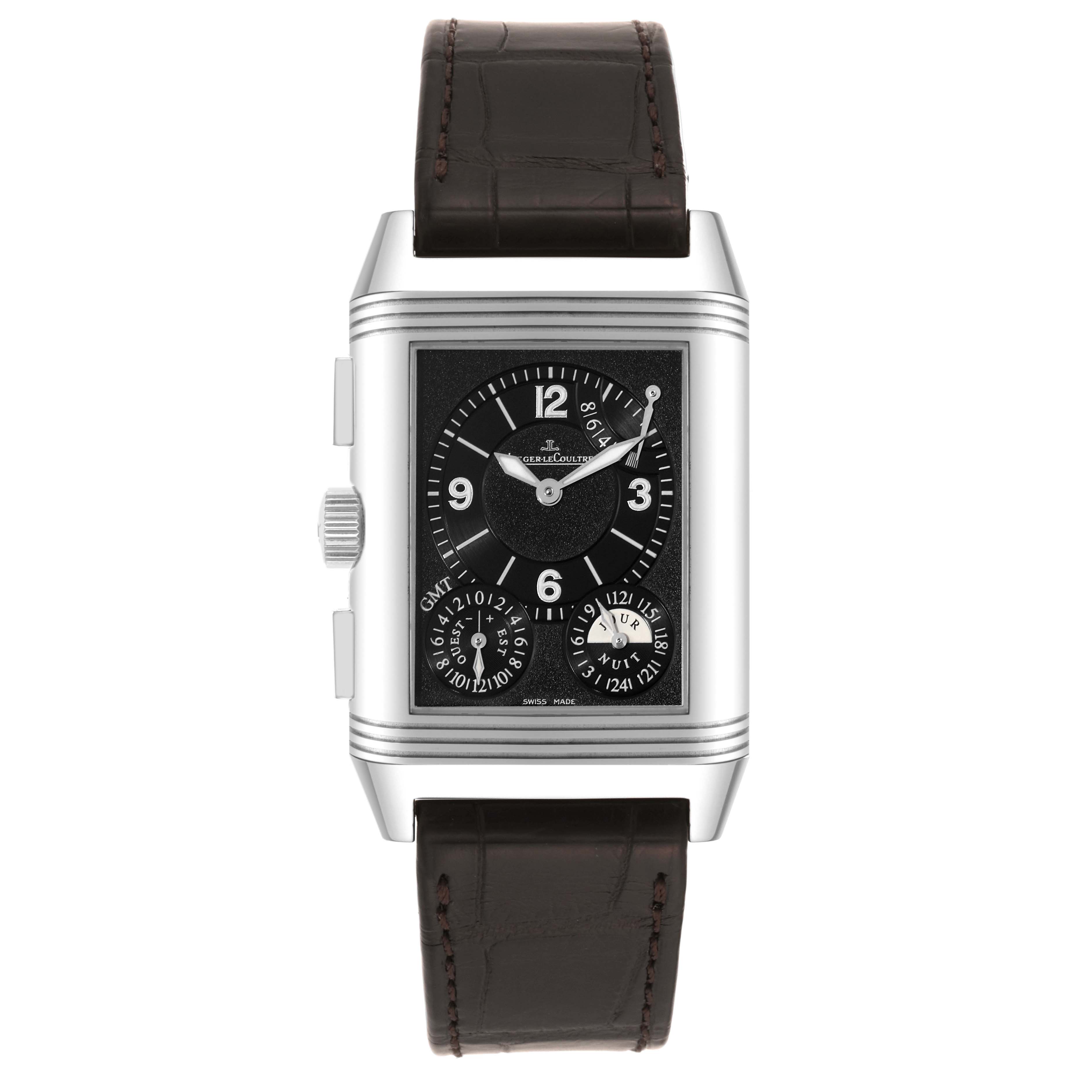 The image shows a front view of a Jaeger LeCoultre Reverso Q3028420 Men's Stainless Steel Silver Dial Q3028420 Men's Stainless Steel Silver Dial watch with a rectangular dial and leather strap.