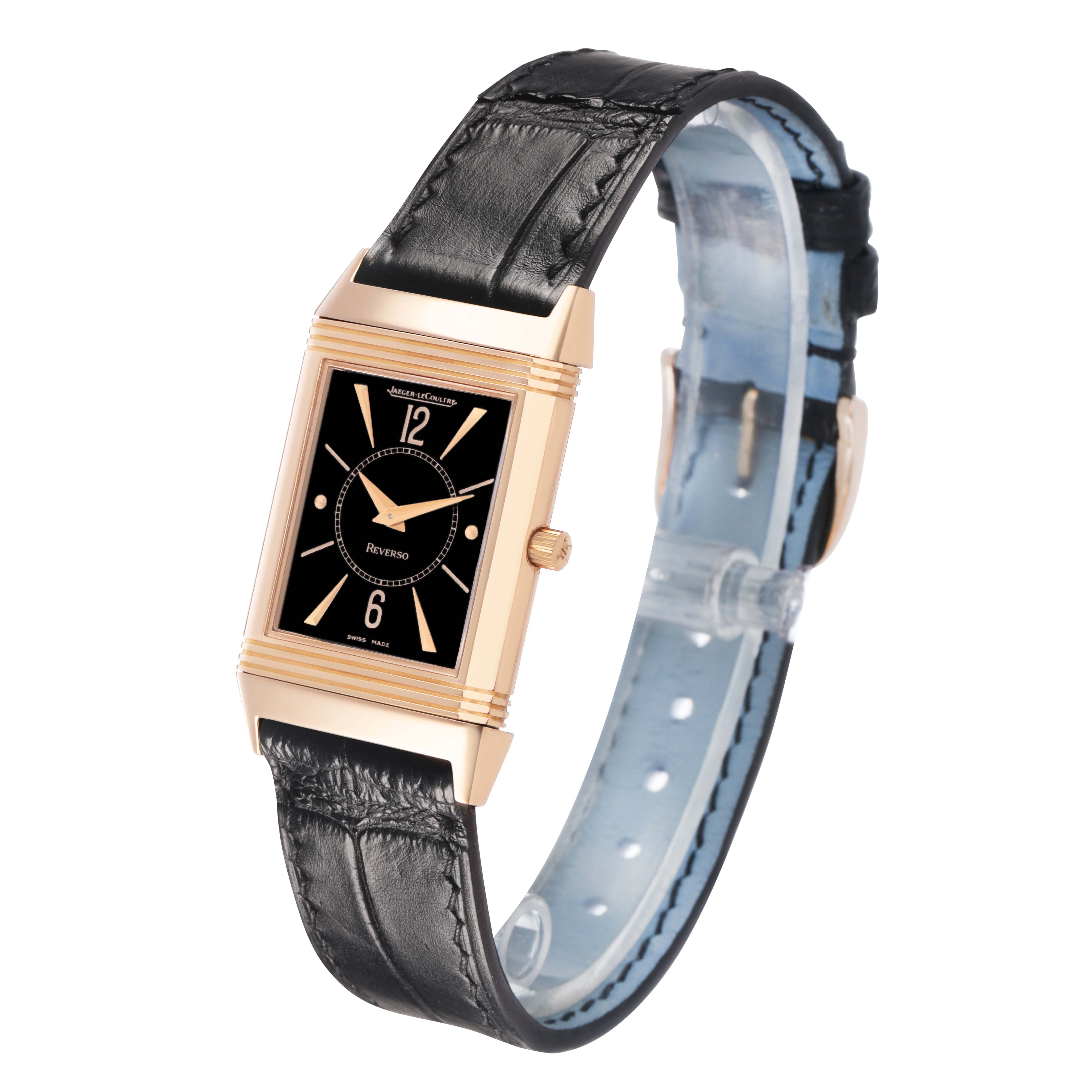 The Jaeger LeCoultre Reverso 250.2.86 Men's Rose Gold Black Dial watch is shown at a three-quarter angle, displaying the face, crown, and full leather strap.