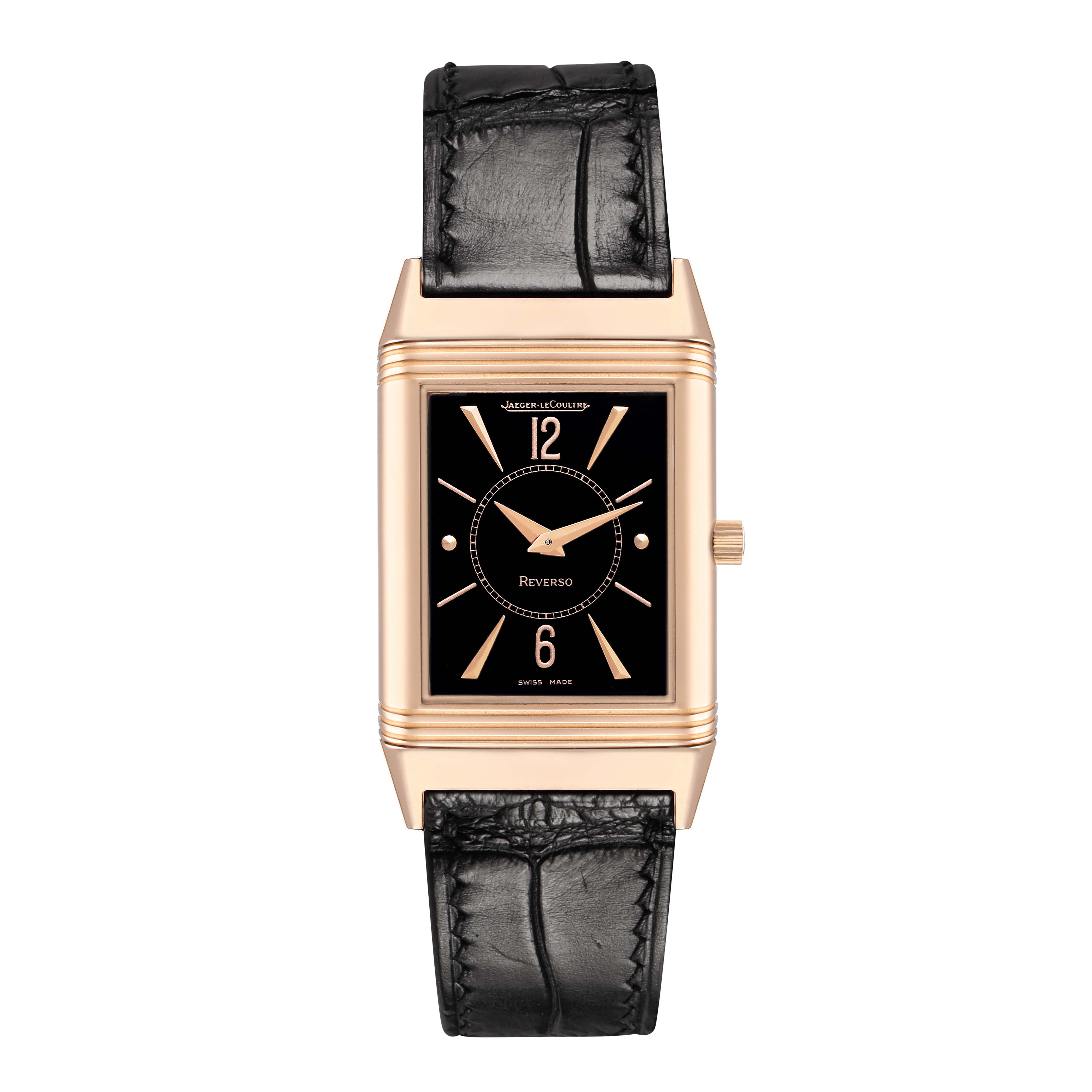The Jaeger LeCoultre Reverso 250.2.86 Men's Rose Gold Black Dial watch is shown from a top-down angle, highlighting the face, case, and strap.