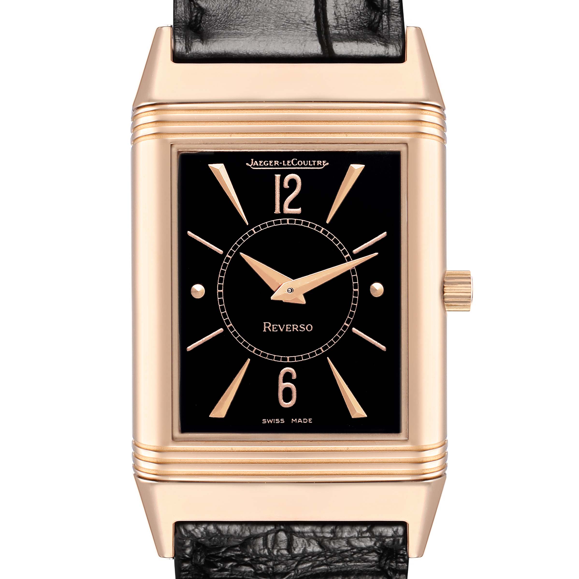 The Jaeger-LeCoultre Reverso watch is shown from the front, displaying the face, bezel, and part of the strap.