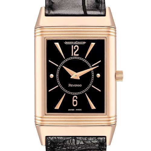 The Jaeger-LeCoultre Reverso watch is shown from the front, displaying the dial, hands, crown, and part of the strap.