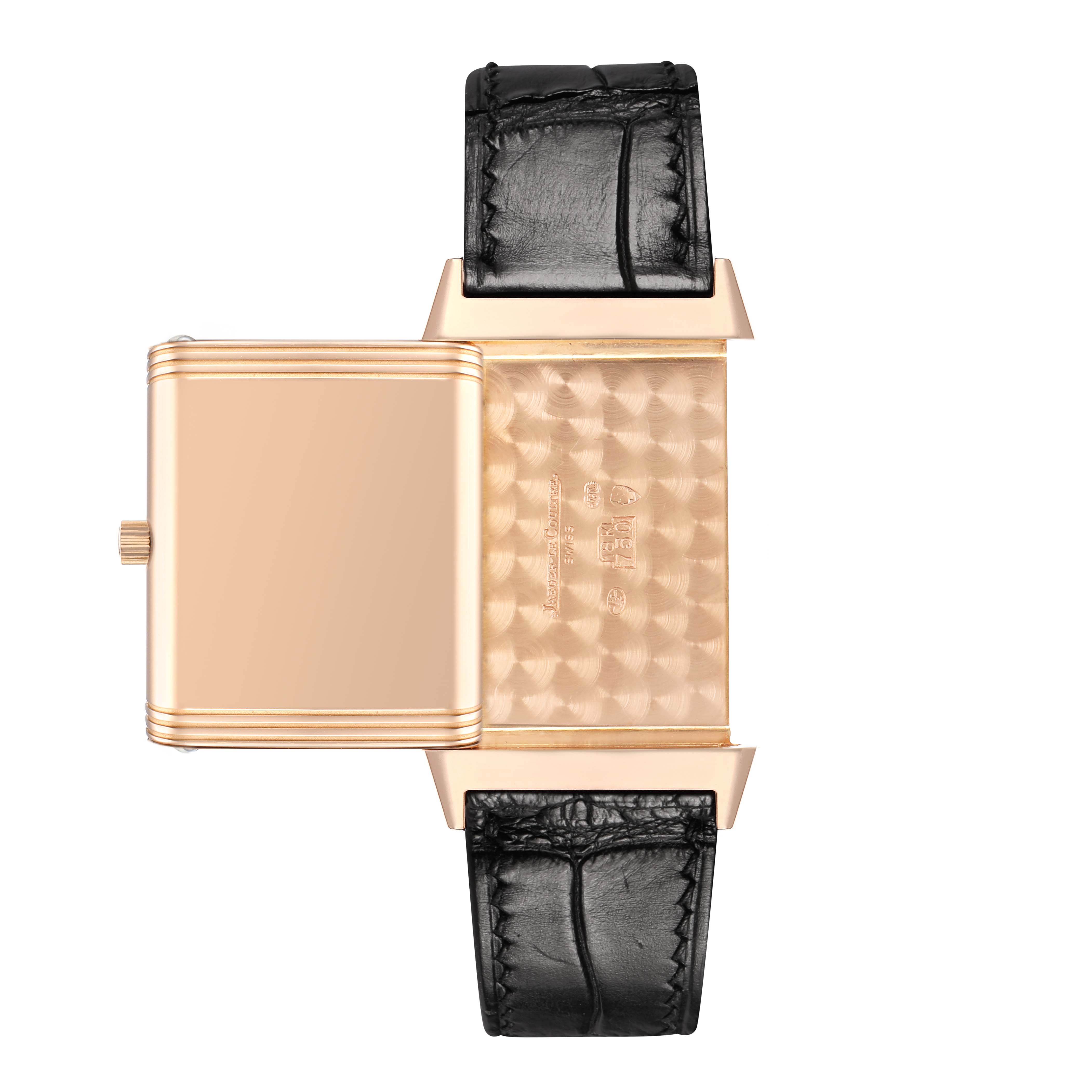 The image shows a Jaeger LeCoultre Reverso 250.2.86 Men's Rose Gold Black Dial watch from the side, highlighting the reverse side of the case and strap attachment.