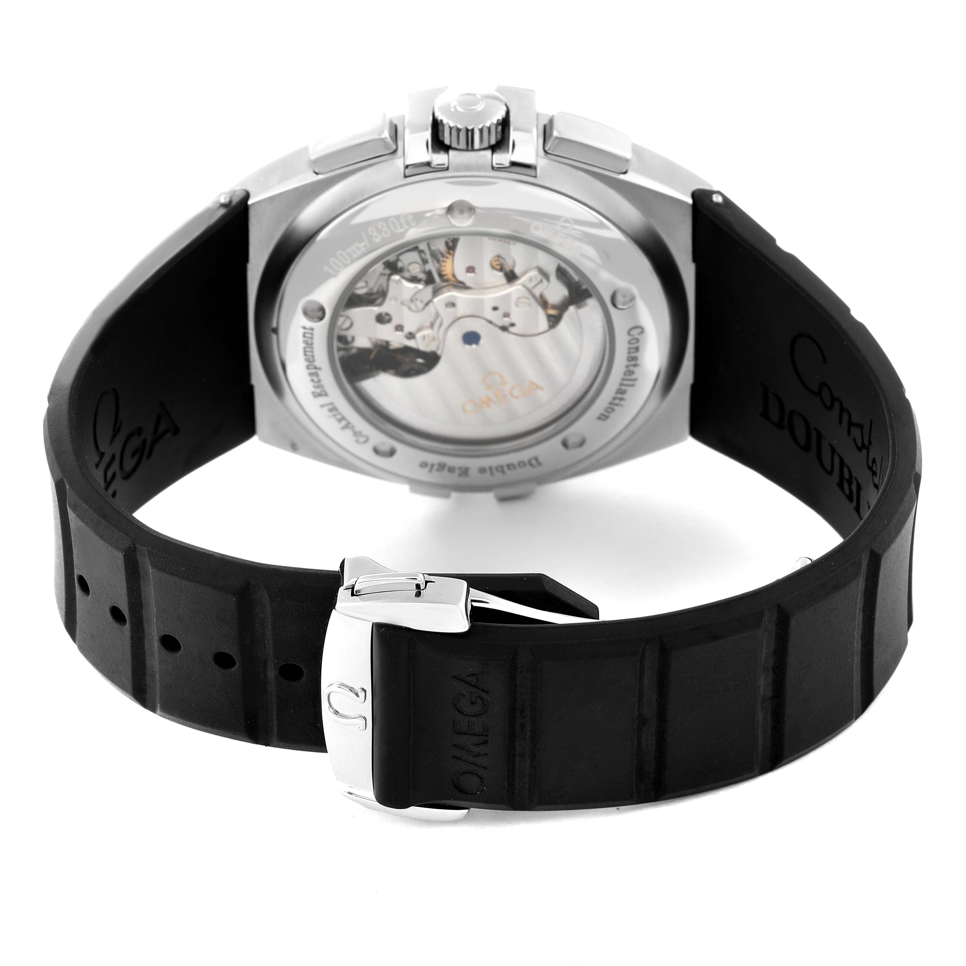 The image shows the back and strap of an Omega Constellation 1819.51.91 Men's Stainless Steel Black Dial 1819.51.91 Men's Stainless Steel Black Dial watch, highlighting its mechanical movement and branded buckle.