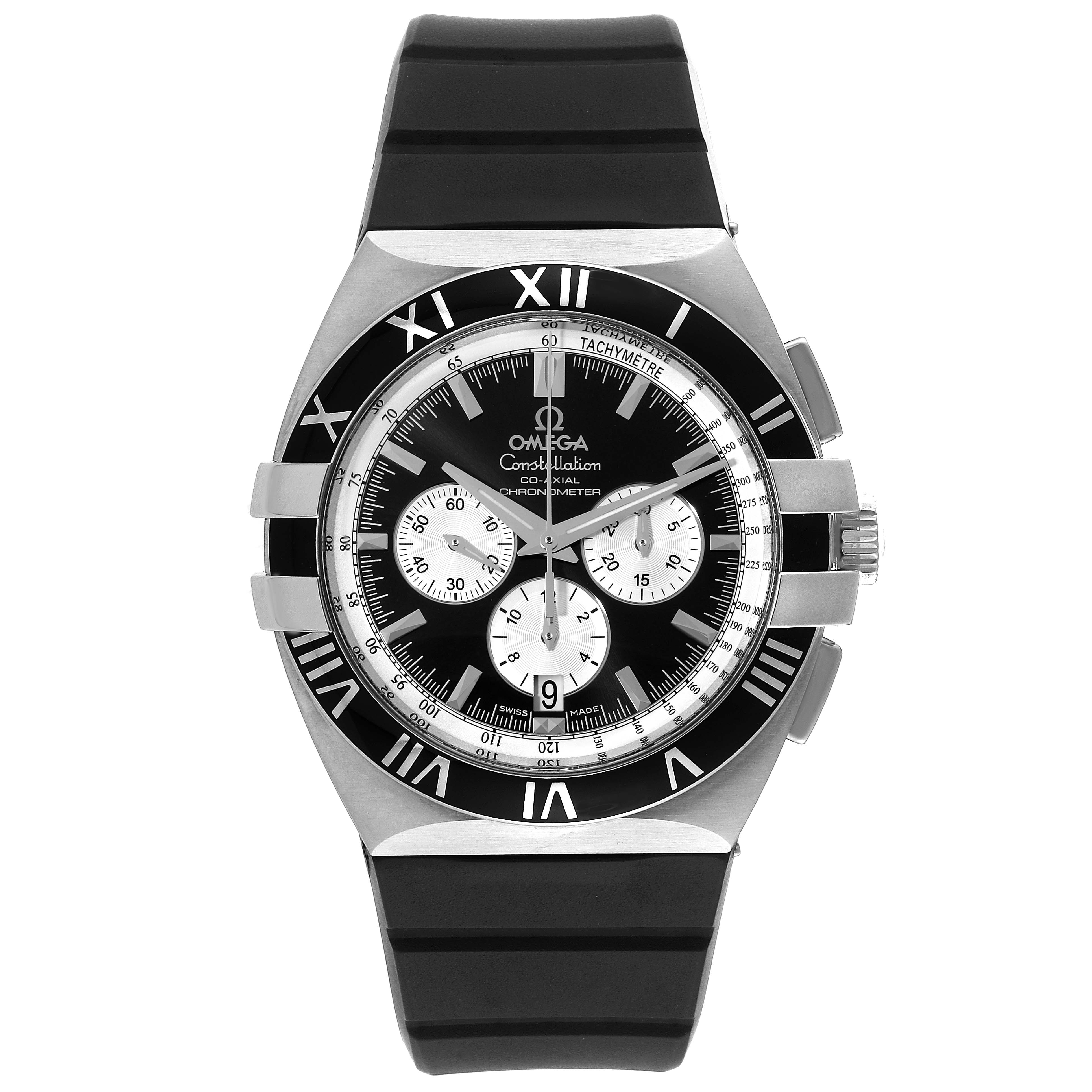 This image shows a front view of the Omega Constellation 1819.51.91 Men's Stainless Steel Black Dial 1819.51.91 Men's Stainless Steel Black Dial watch, highlighting its dial, bezel, and strap.