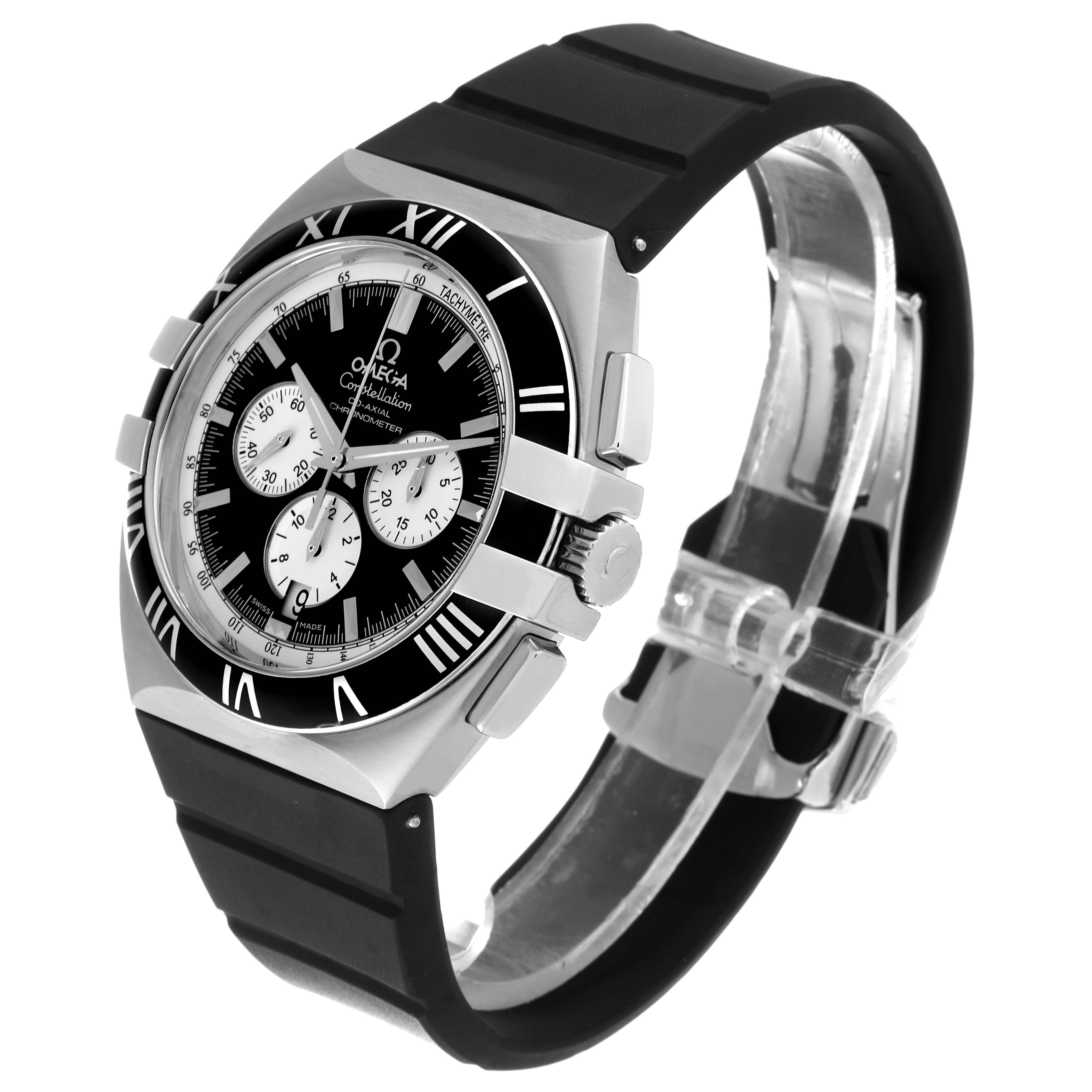The image shows a side angle view of the Omega Constellation 1819.51.91 Men's Stainless Steel Black Dial 1819.51.91 Men's Stainless Steel Black Dial watch, highlighting the bezel, dial, chronograph subdials, and rubber strap.