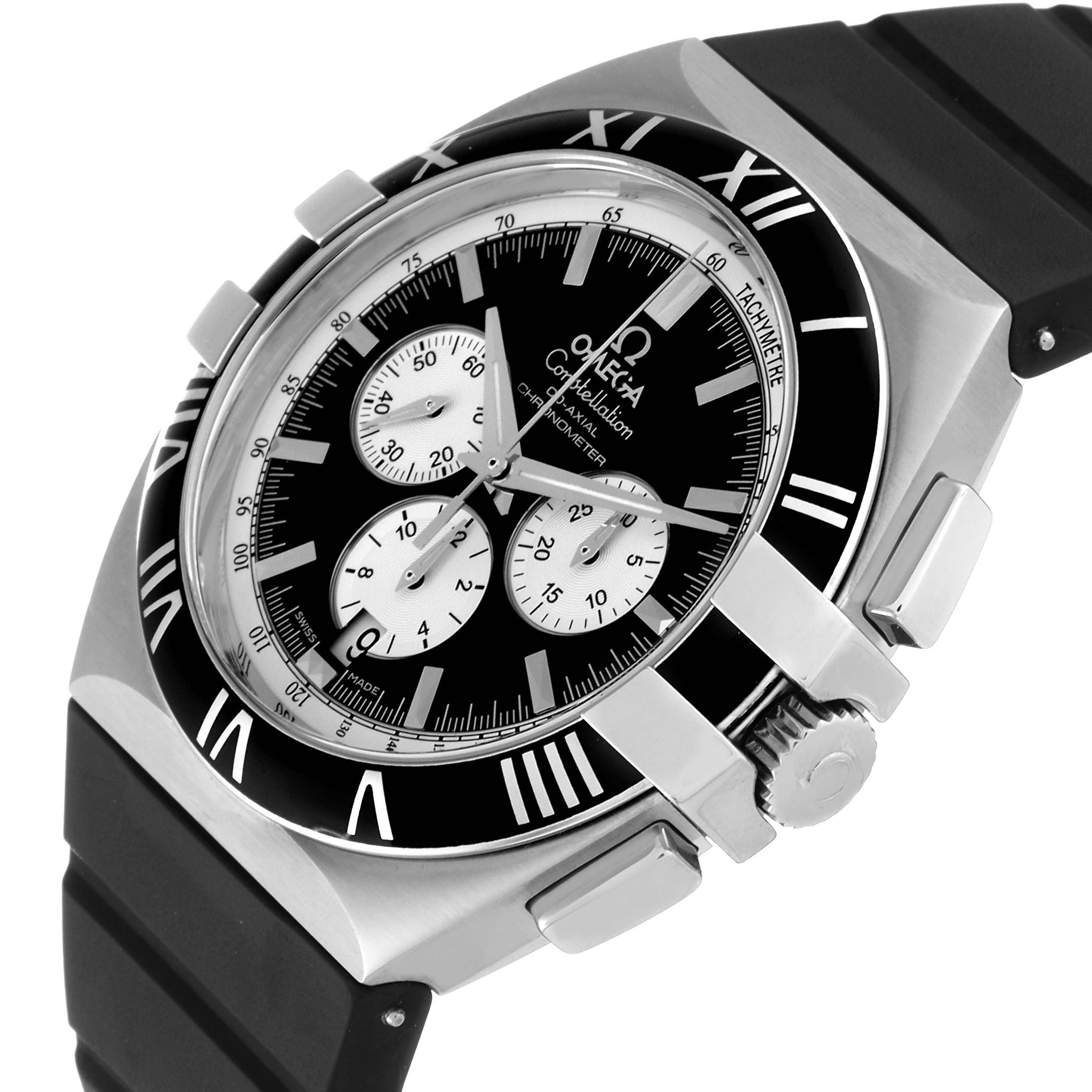 The image shows an angled view of the Omega Constellation 1819.51.91 Men's Stainless Steel Black Dial 1819.51.91 Men's Stainless Steel Black Dial watch, highlighting its black dial, chronograph subdials, and rubber strap.