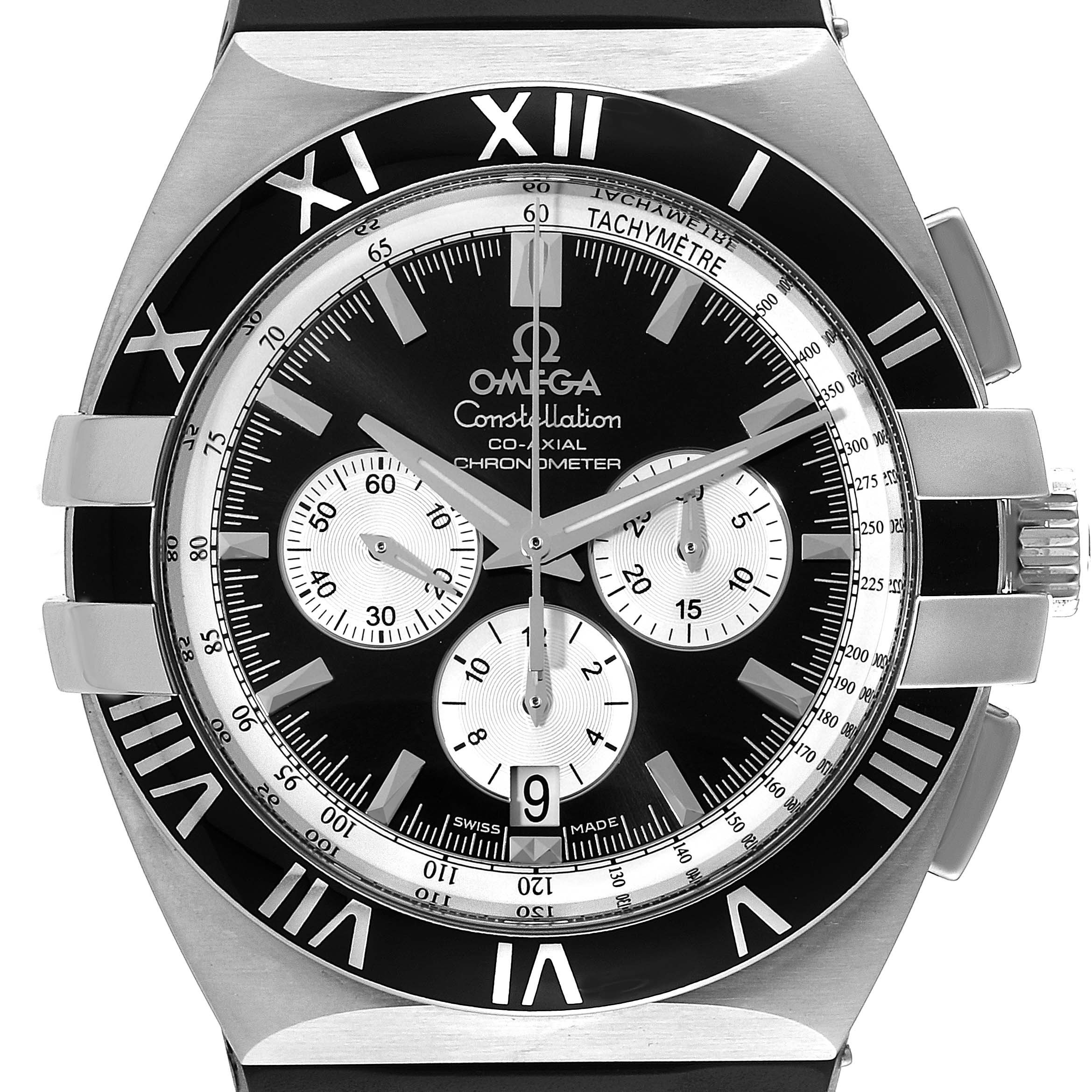 The image shows a top-down view of the Omega Constellation 1819.51.91 Men's Stainless Steel Black Dial 1819.51.91 Men's Stainless Steel Black Dial watch, focusing on the dial, bezel, and crown.